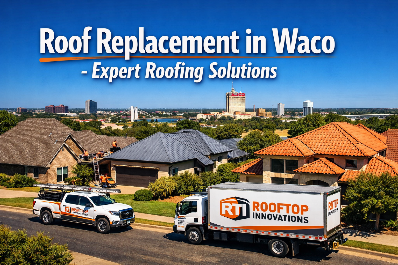 Professional landscape hero image (1536x1024) featuring bold text overlay 'Roof Replacement in Waco - Expert Roofing Solutions' in extra lar