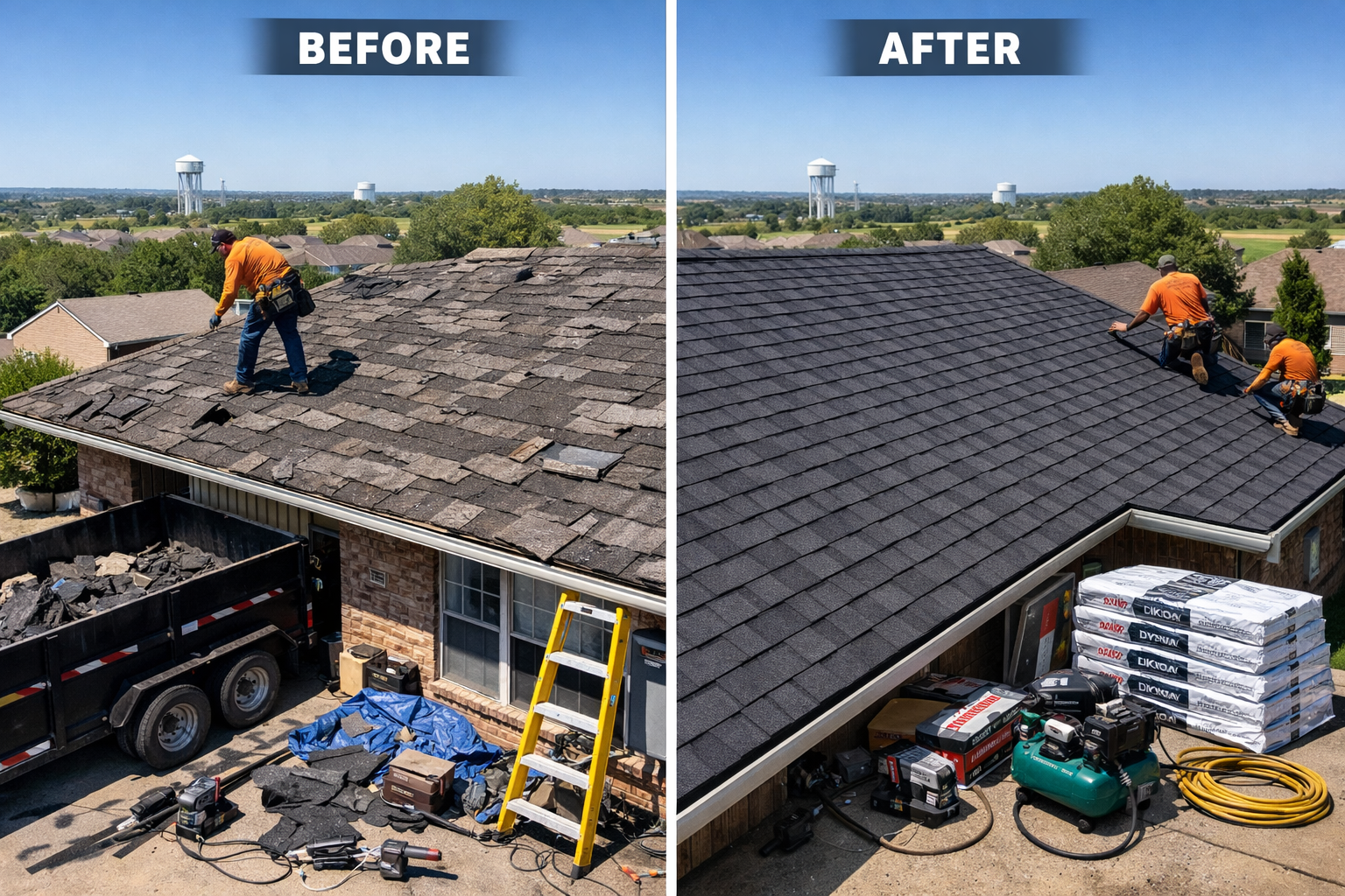 Split-screen comparison image showing residential roof replacement before and after in Waco neighborhood, left side displaying damaged aspha