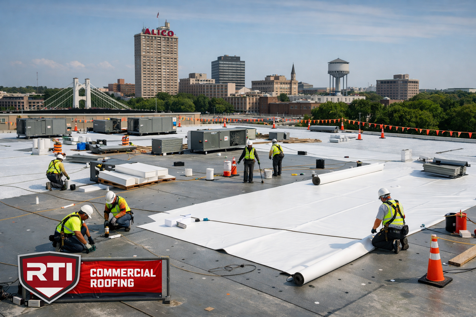 Commercial roofing project showcase in Waco featuring large industrial building with TPO single-ply membrane installation in progress, RTI c