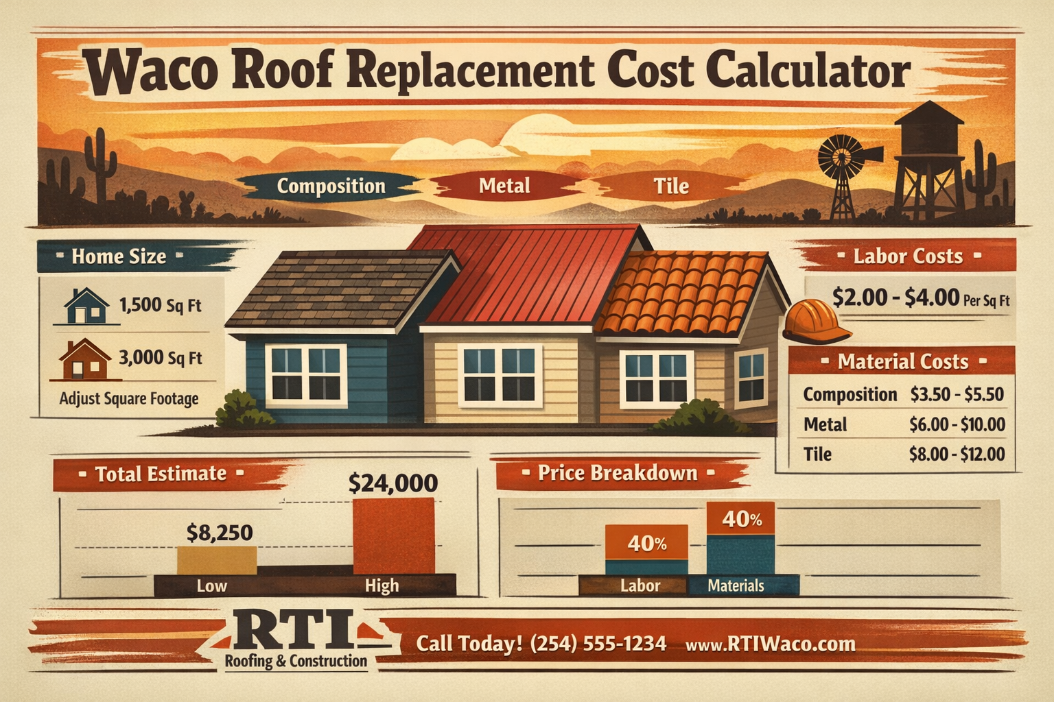Interactive cost calculator visualization showing roof replacement pricing factors in Waco, featuring house silhouette with different roofin