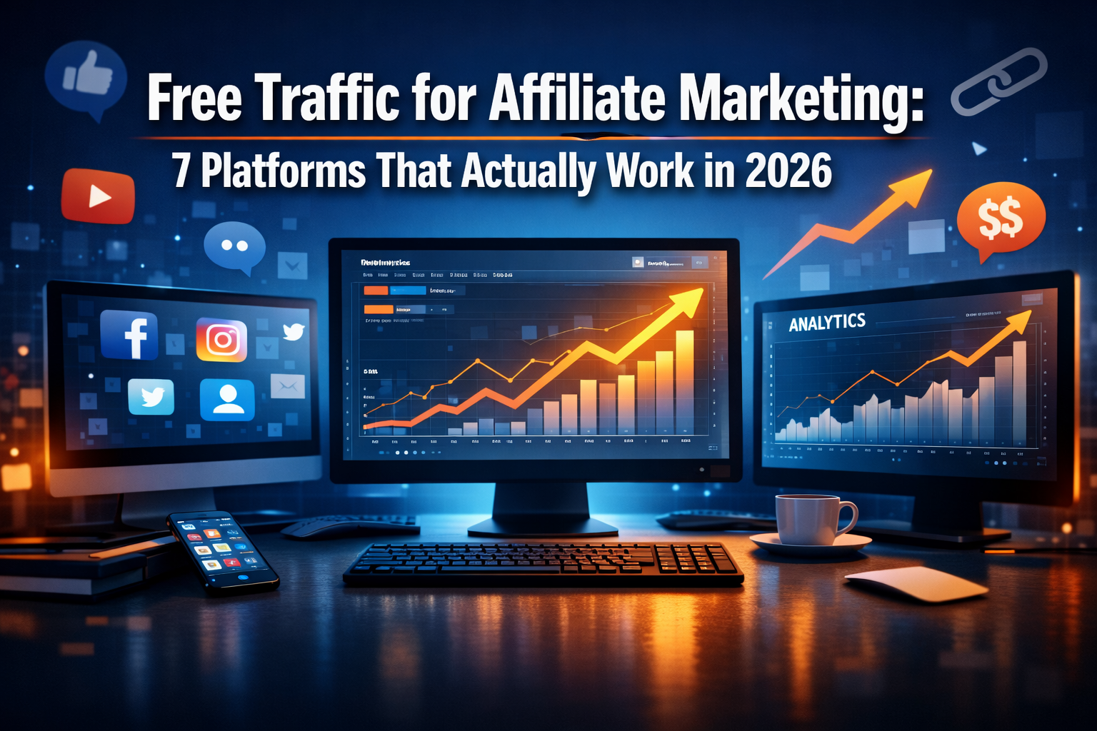Professional () hero image featuring 'Free Traffic for Affiliate Marketing: 7 Platforms That Actually Work in 2026' in extra