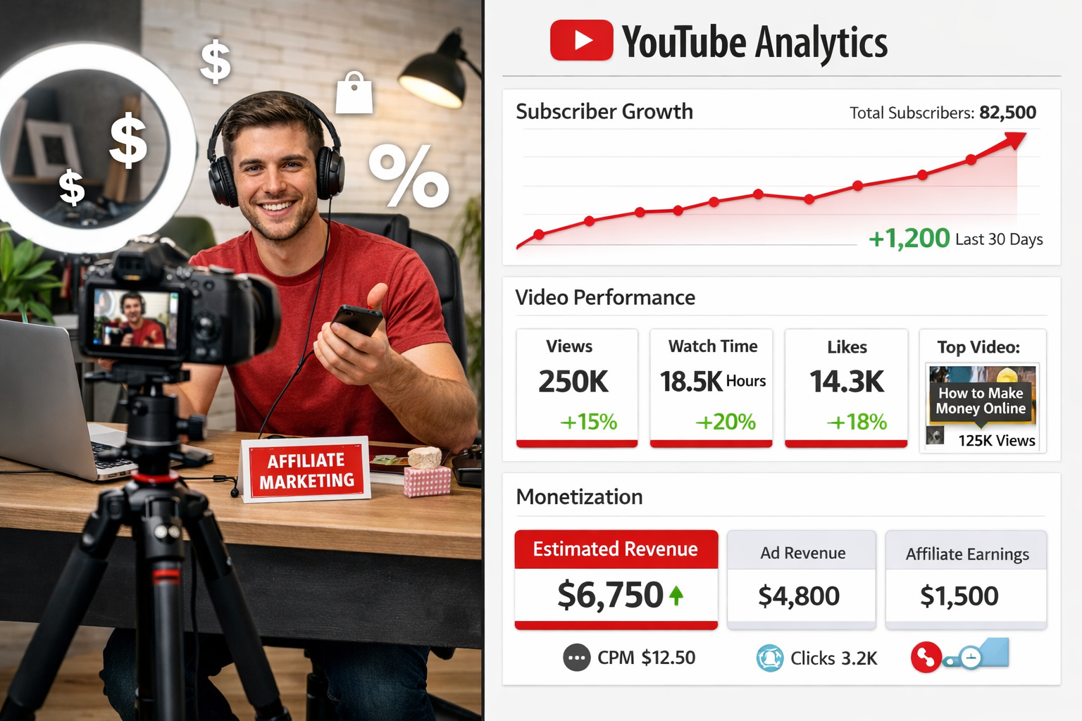 () infographic showing YouTube analytics dashboard with subscriber growth chart, video performance metrics, and monetization