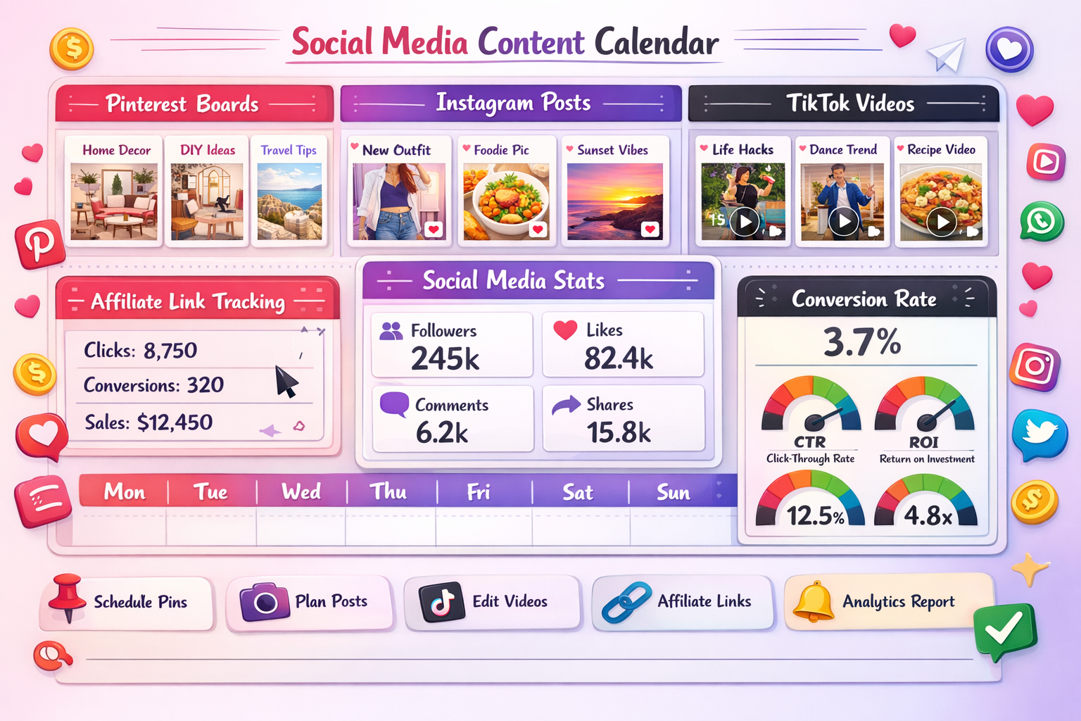() social media content calendar layout showing Pinterest boards, Instagram posts, and TikTok videos arranged in grid