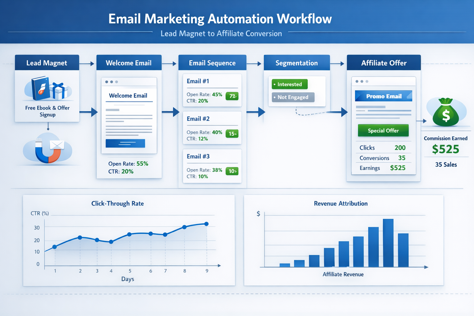 () email marketing automation workflow diagram showing subscriber journey from lead magnet to affiliate conversion. Visual