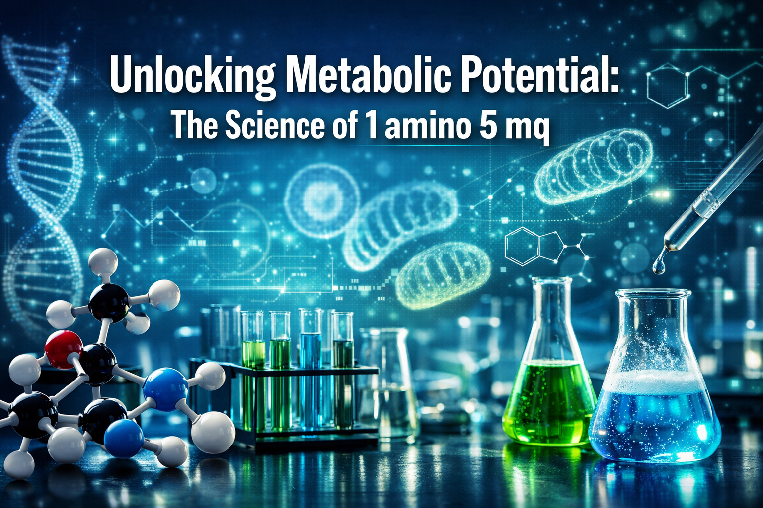 Professional landscape hero image (1536x1024) with bold text overlay: 'Unlocking Metabolic Potential: The Science of 1 amino 5 mq', modern s
