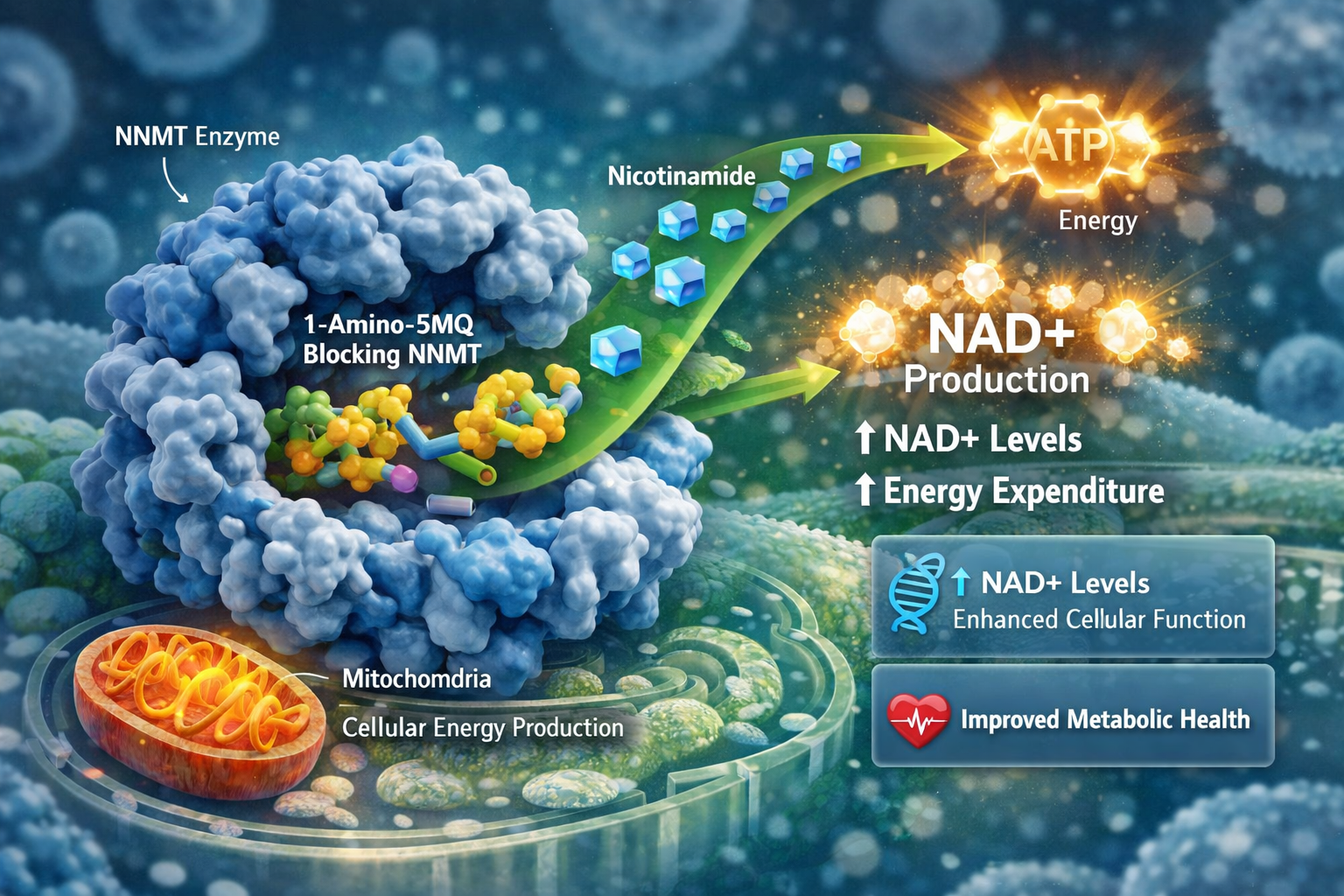 A detailed editorial-quality landscape image (1536x1024) illustrating the molecular mechanism of 1 amino 5 mq. The image should feature a st
