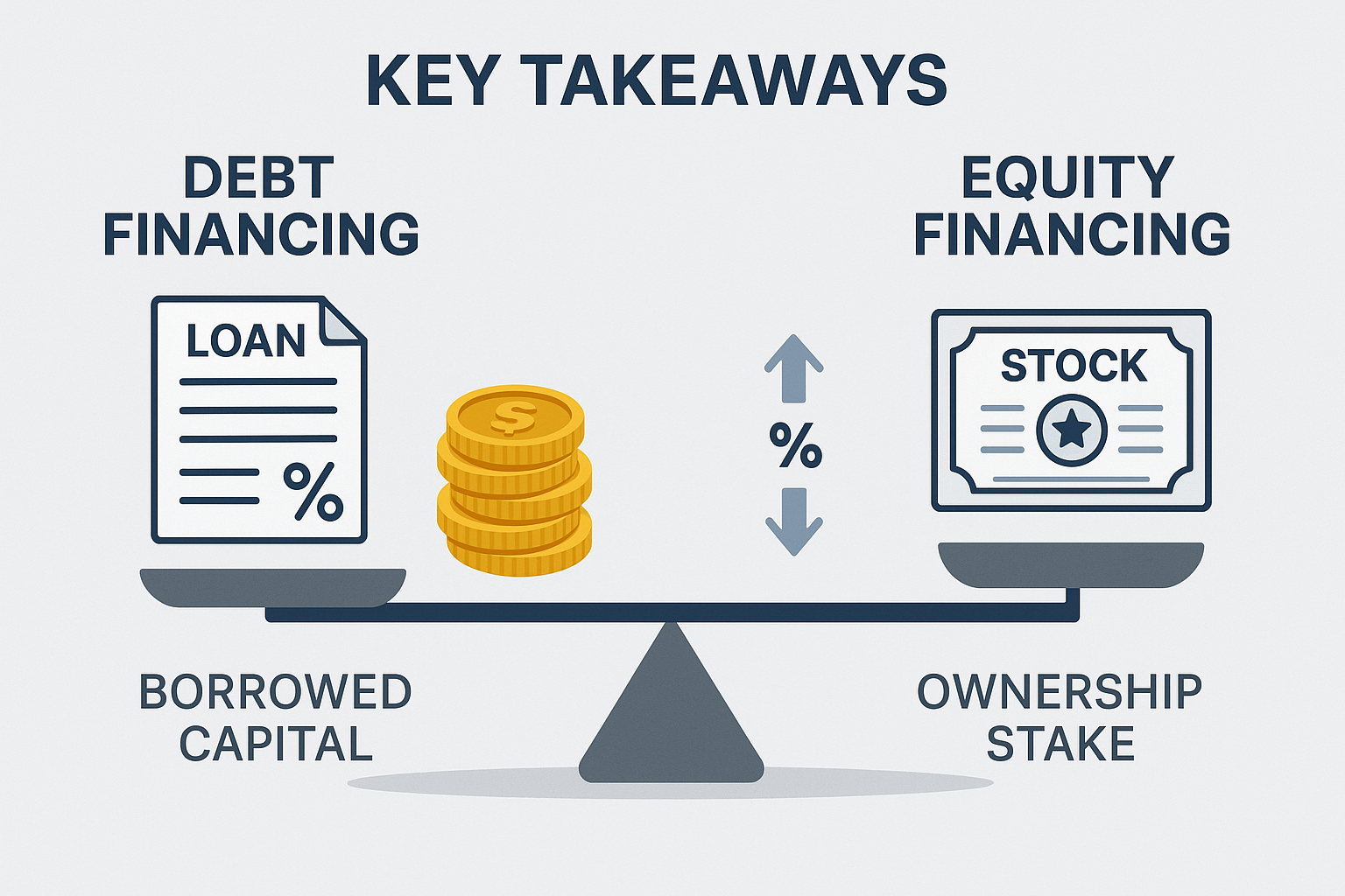 Key Takeaways section infographic visualizing 'Debt Financing vs Equity Financing' as a balanced scale/fulcrum, with golden coins and stock 