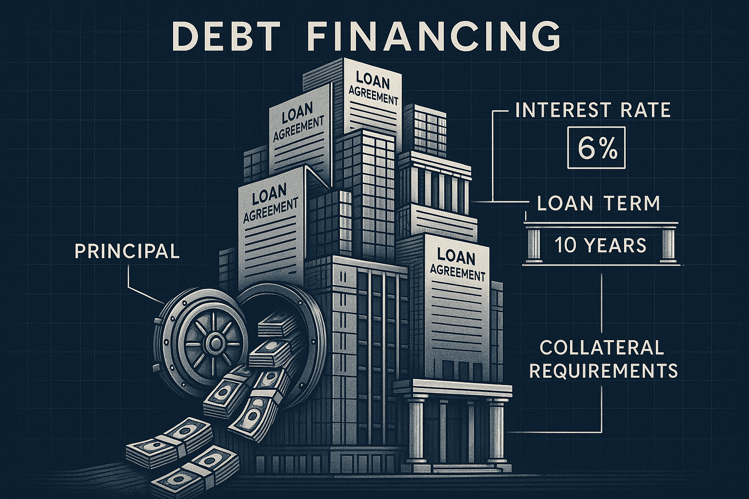 Debt Financing section illustration depicting a corporate skyscraper constructed from loan documents, loan agreement papers forming architec
