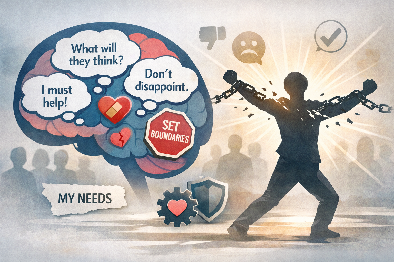 How to Set Boundaries Without Feeling Guilty 2 Do not write in Hindi on the images. Must write in English only. Landscape format (1536x1024) image illustrating the psychology of people-pl