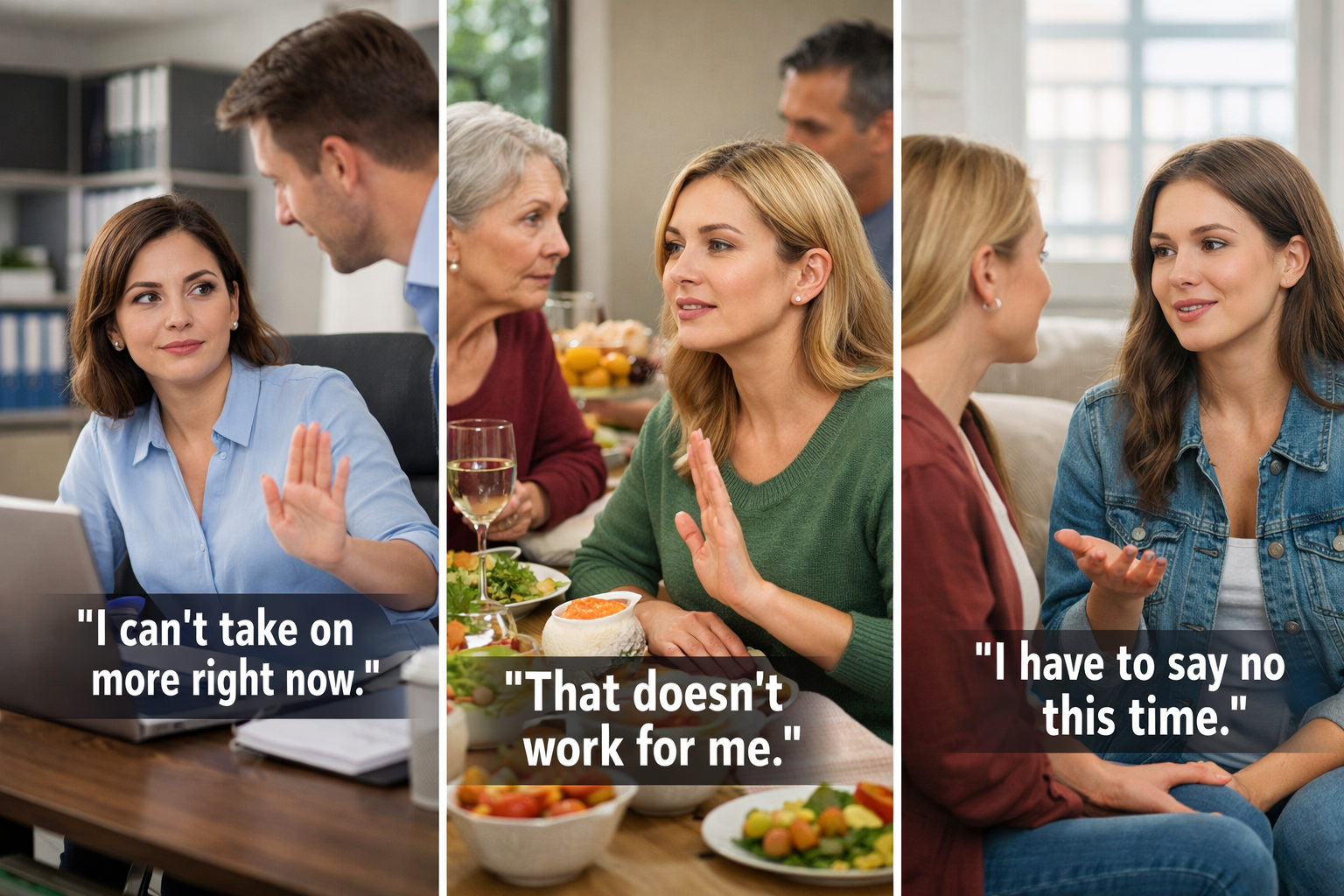 How to Set Boundaries Without Feeling Guilty 3 Do not write in Hindi on the images. Must write in English only. Landscape format (1536x1024) image demonstrating practical boundary setting