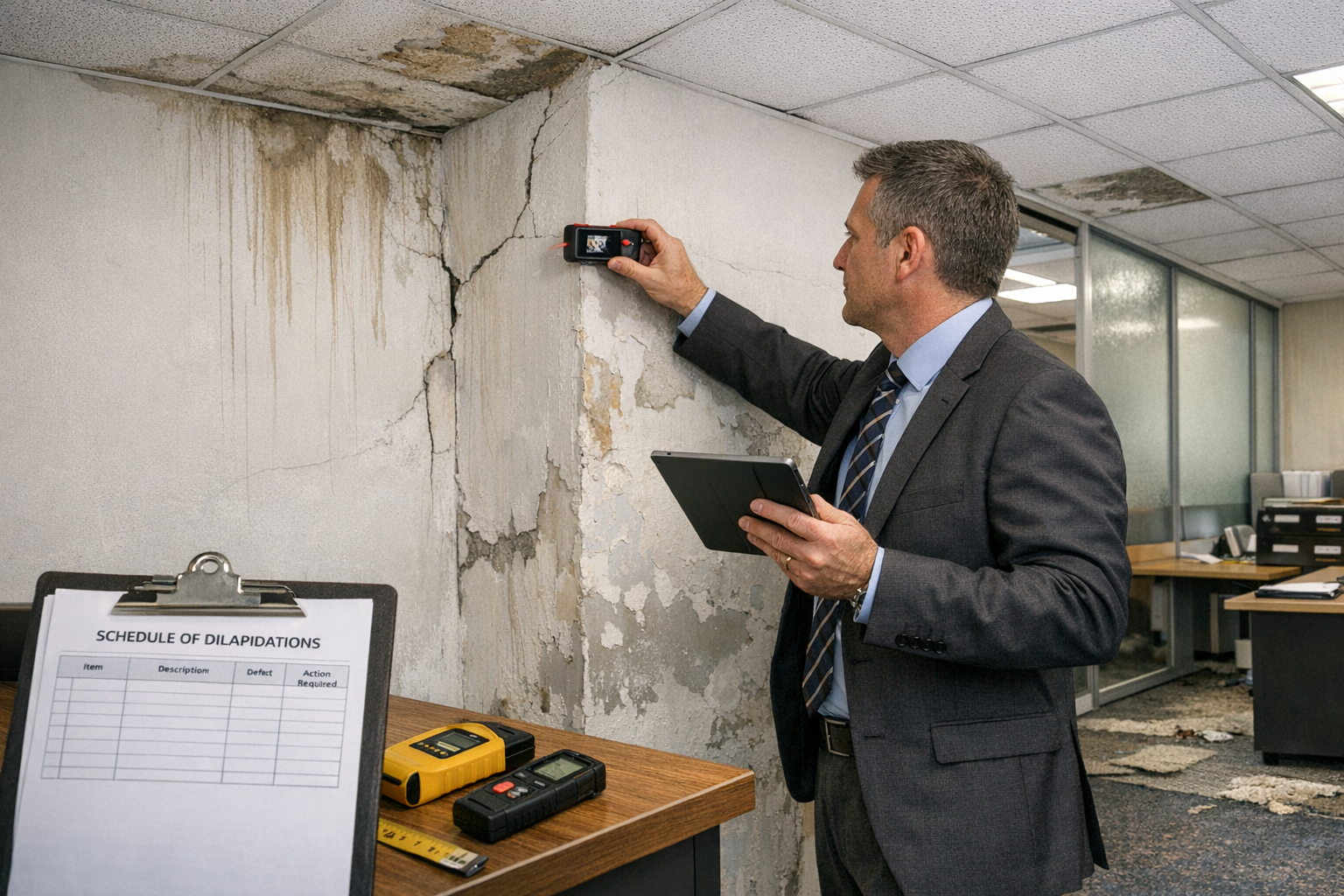 Detailed () image showing professional surveyor in business attire conducting detailed property inspection inside commercial