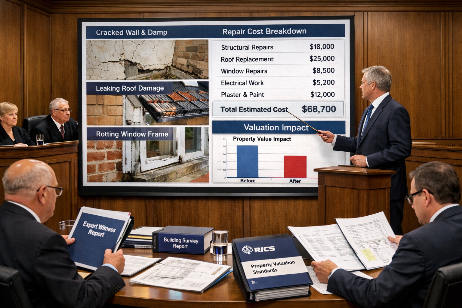 Detailed () image depicting formal courtroom or arbitration hearing scene with expert witness surveyor presenting evidence