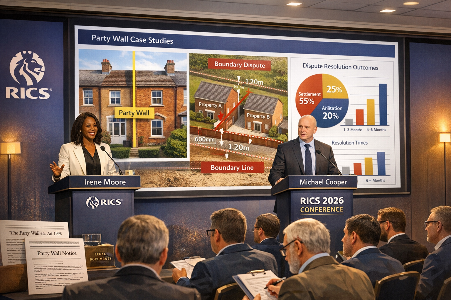 Landscape format (1536x1024) detailed illustration showing expert speakers Irene Moore and Michael Cooper presenting at RICS 2026 conference