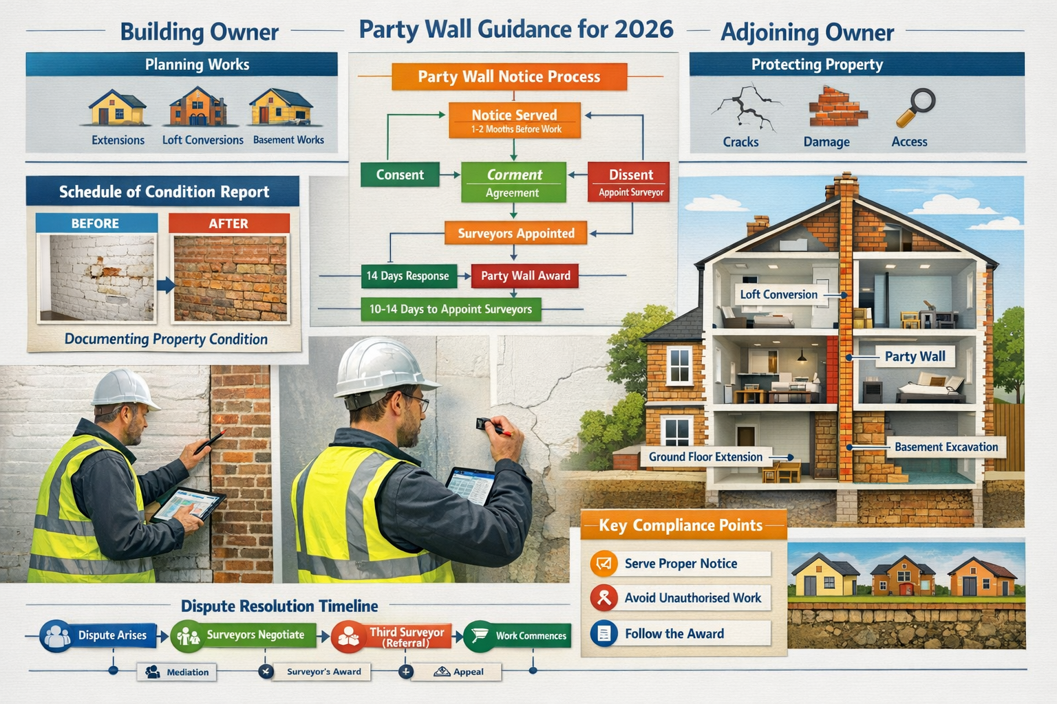 Landscape format (1536x1024) comprehensive infographic-style image displaying practical guidance for surveyors and homeowners in 2026, featu
