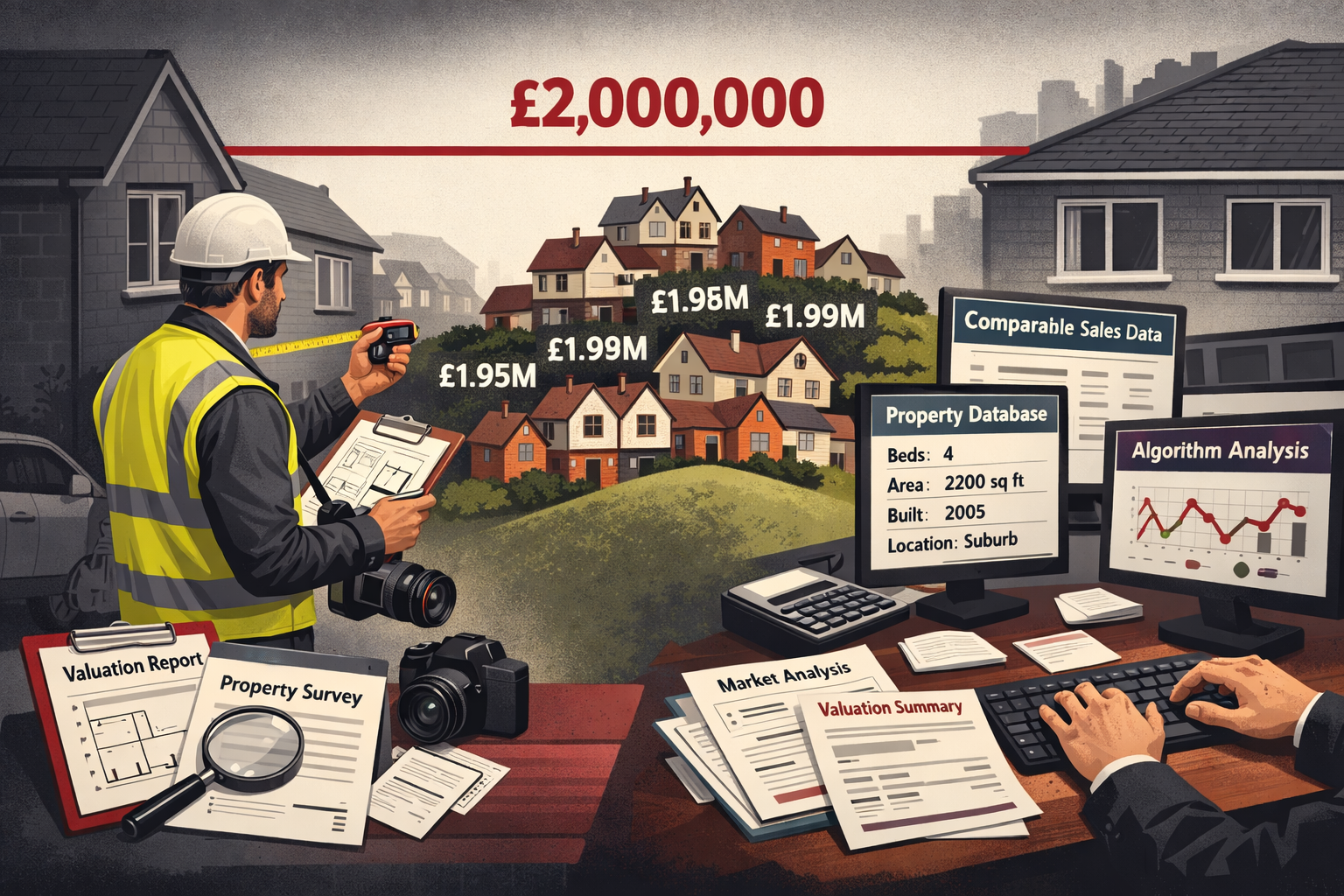 Detailed landscape format (1536x1024) conceptual illustration depicting property valuation negotiation scenario with split-screen compositio