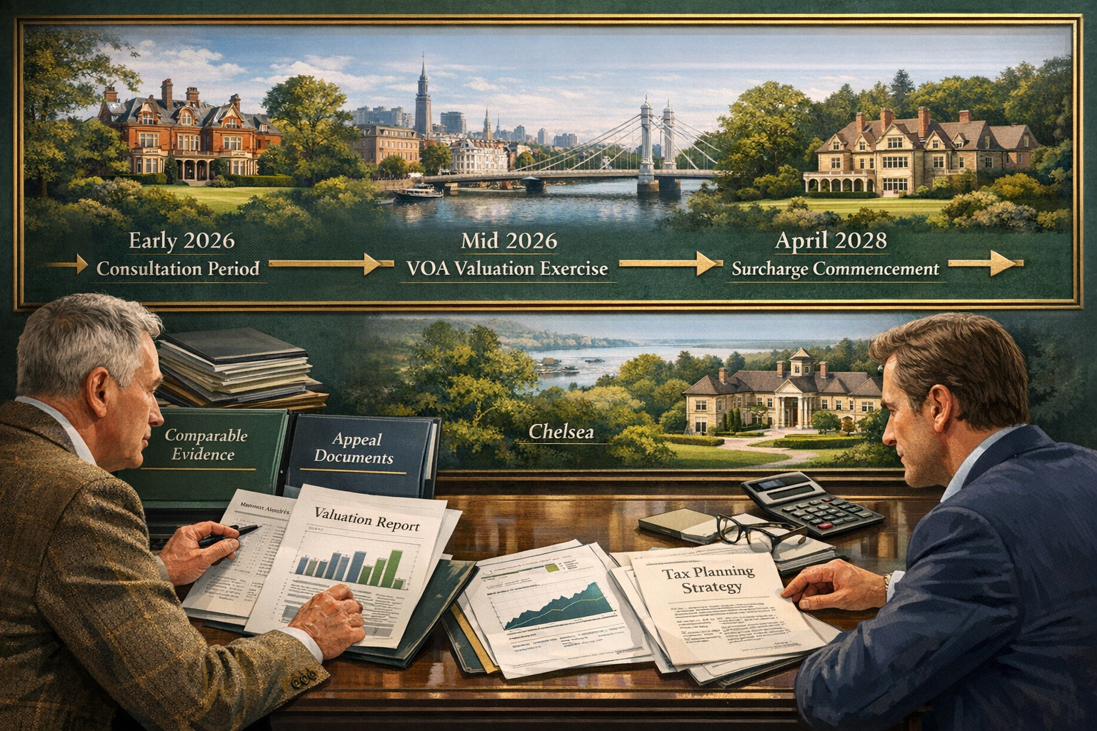 Detailed landscape format (1536x1024) strategic planning scene showing luxury property transaction timeline from 2026 through 2028 implement