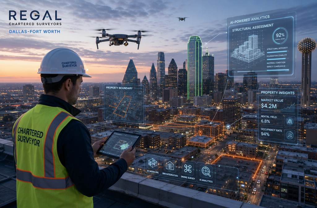 Wide-angle editorial photograph of a chartered surveyor in hi-vis vest using advanced drone and digital tablet on a rooftop
