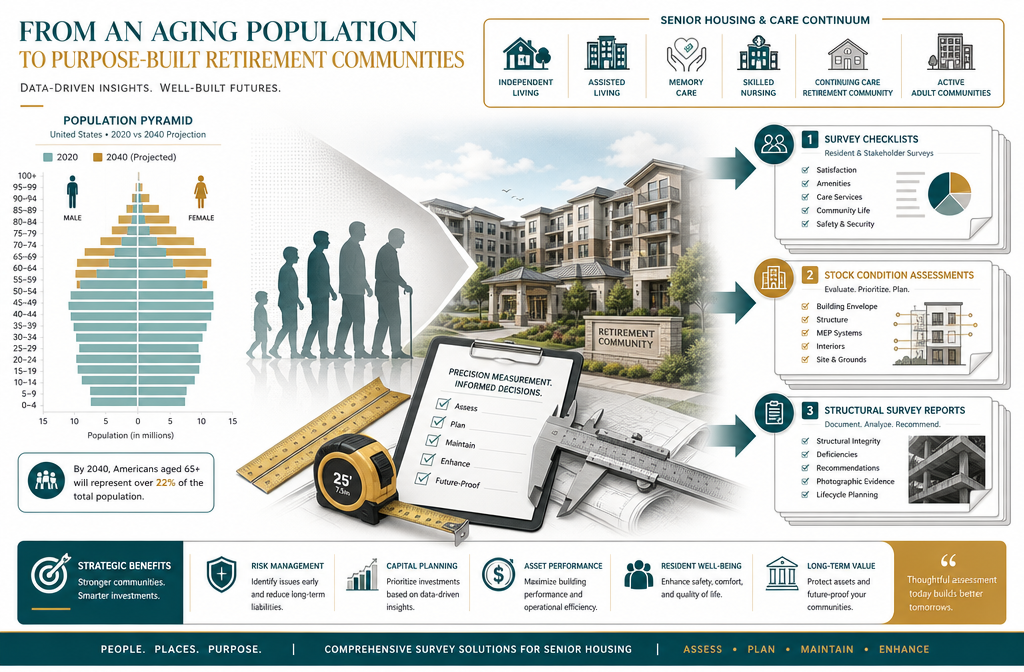 Infographic-style illustration showing demographic pyramid with senior housing icons at top, arrows pointing to survey
