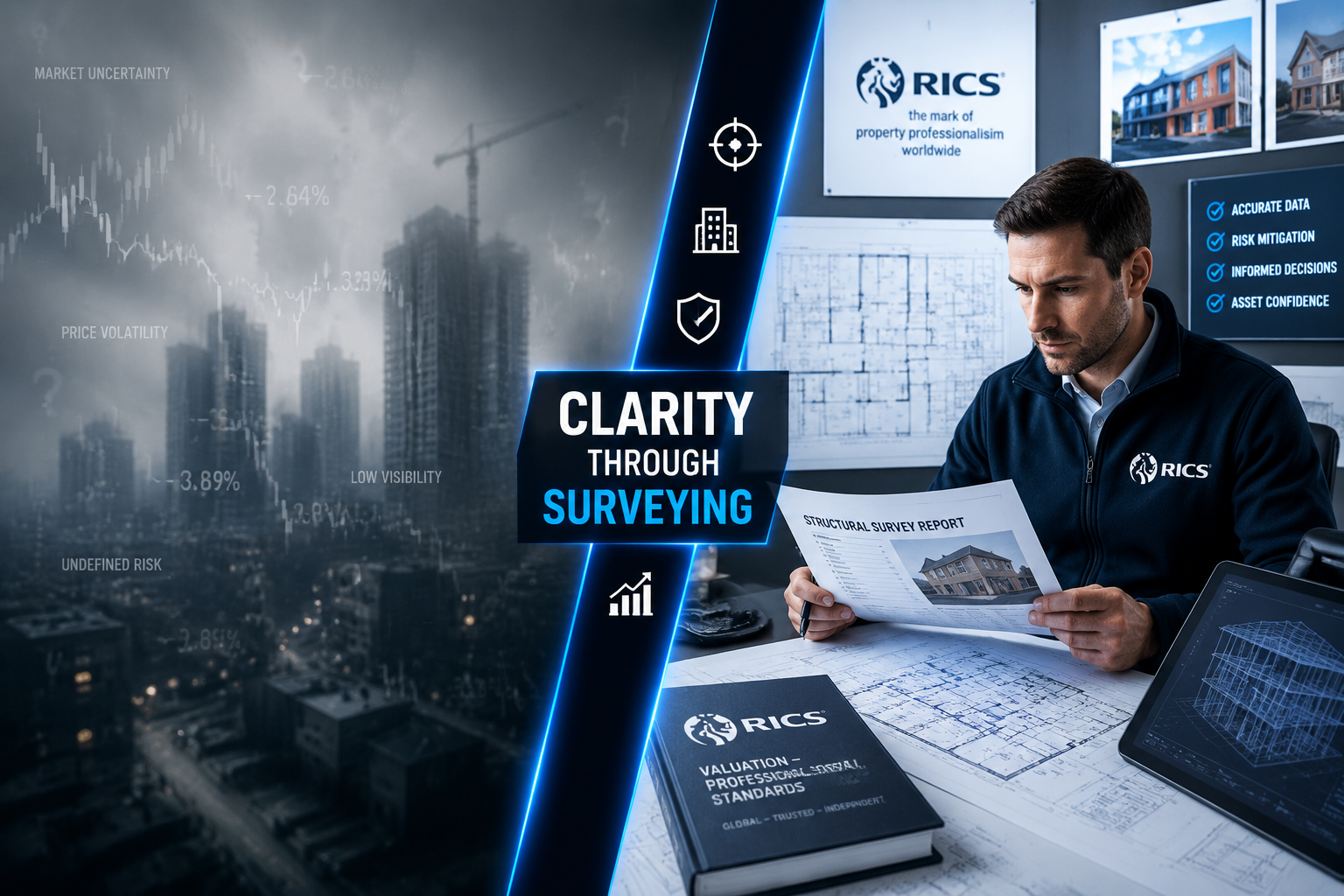 Split-screen editorial image: left side shows a foggy, low-visibility real estate market represented by blurred city