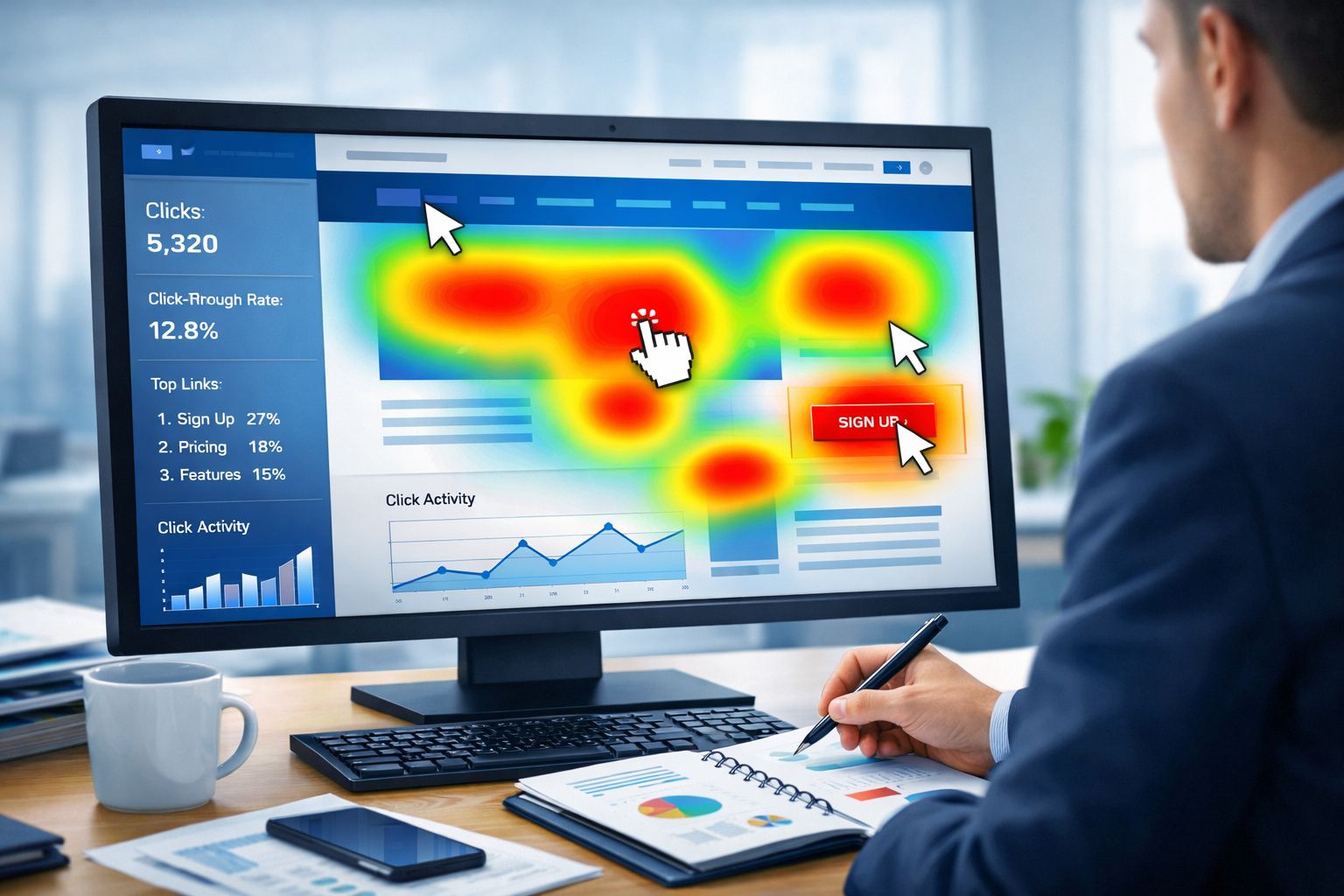 Detailed landscape format (1536x1024) editorial illustration showing a modern desktop computer screen displaying a website heatmap overlay w
