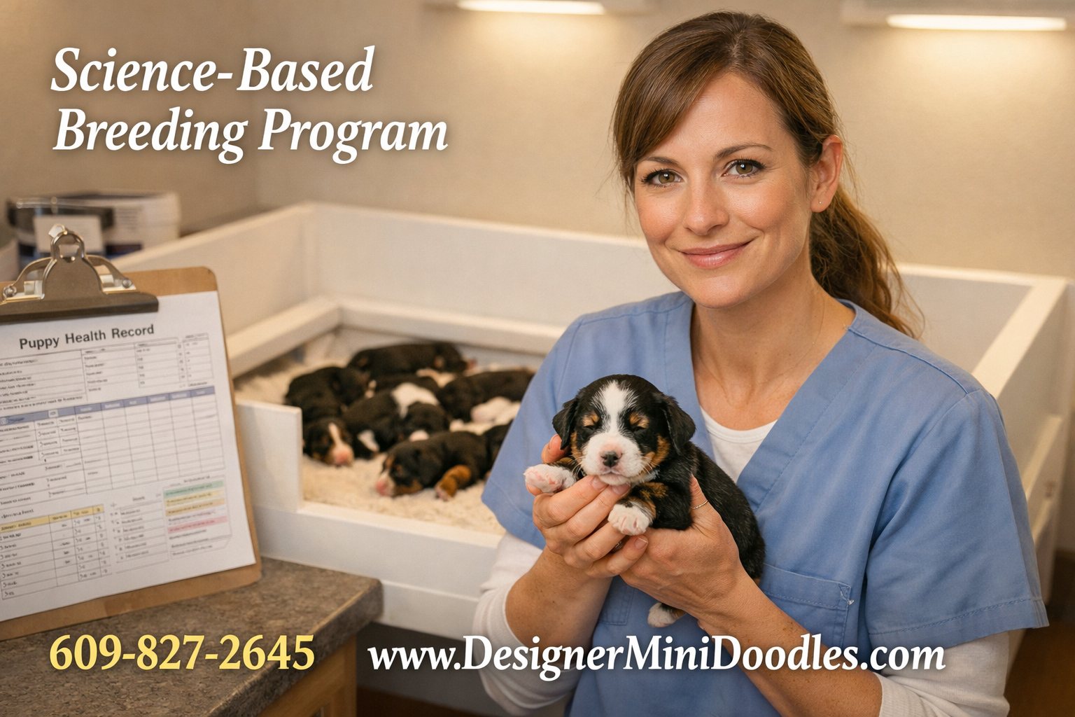 () warm photograph of a female animal biologist in a clean modern whelping room holding a tiny tricolor Bernedoodle puppy,