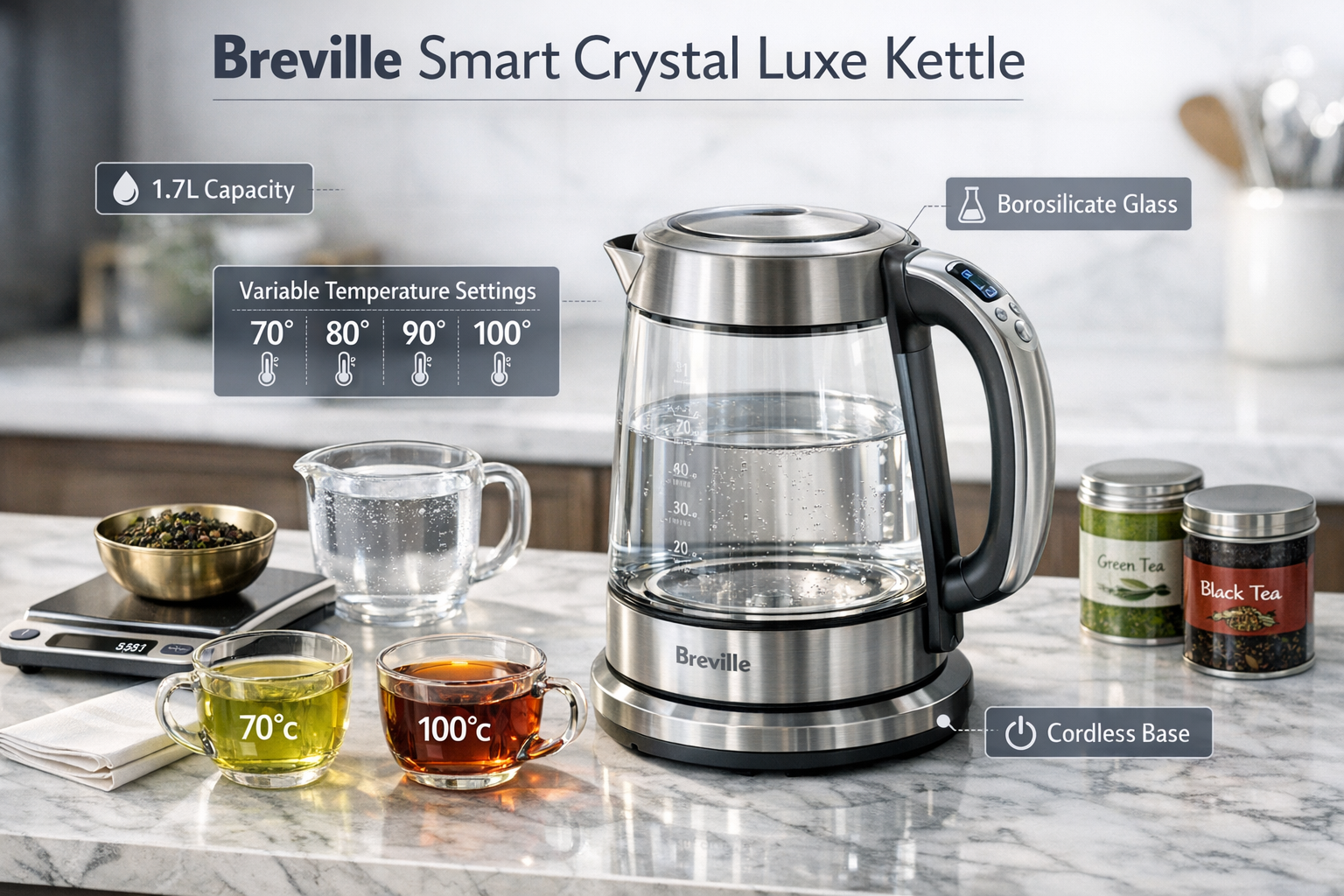 Professional editorial image illustrating a product overview and technical specifications of the Breville Smart Crystal Luxe