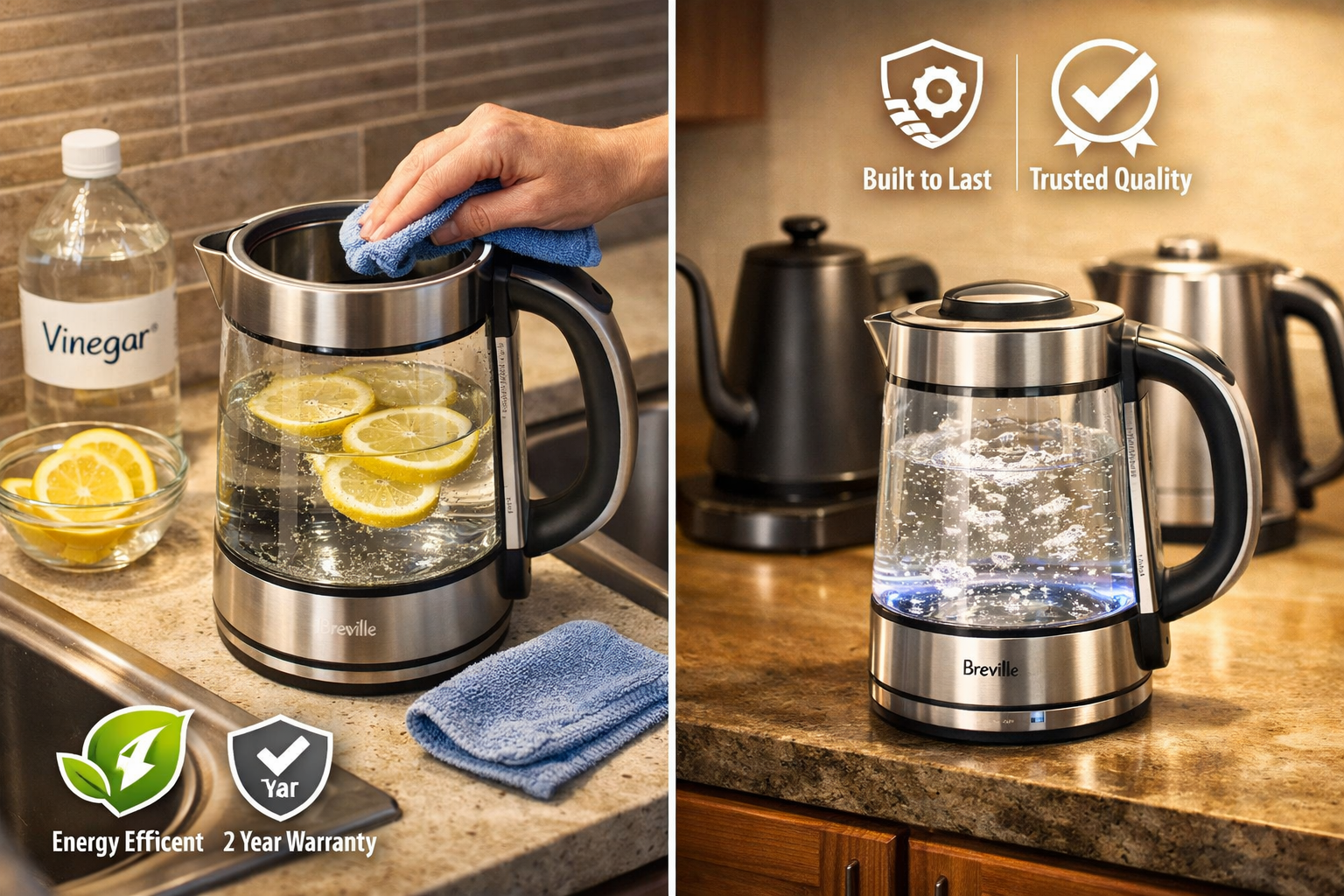 Professional editorial image about cleaning, durability, and premium kettle comparison for the Breville Smart Crystal Luxe