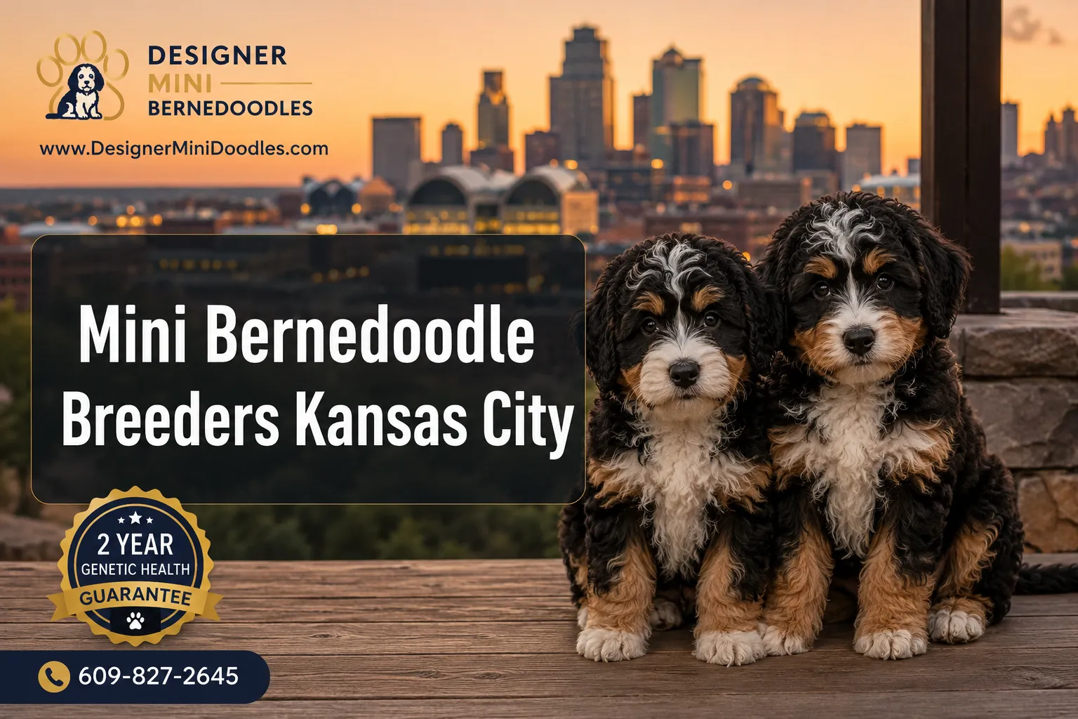 Professional () editorial hero image with 'Mini Bernedoodle Breeders Kansas City' in crisp white modern on a