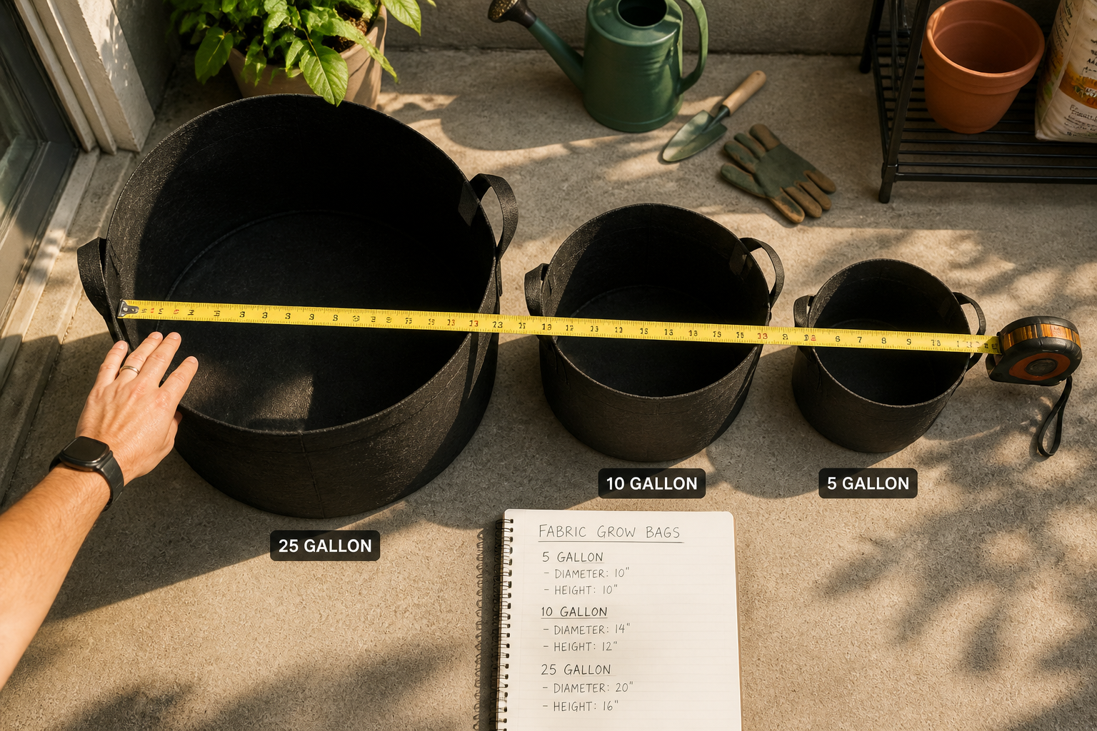 Flat-lay overhead editorial photograph () showing side-by-side comparison of a 25-gallon black fabric grow bag next to a