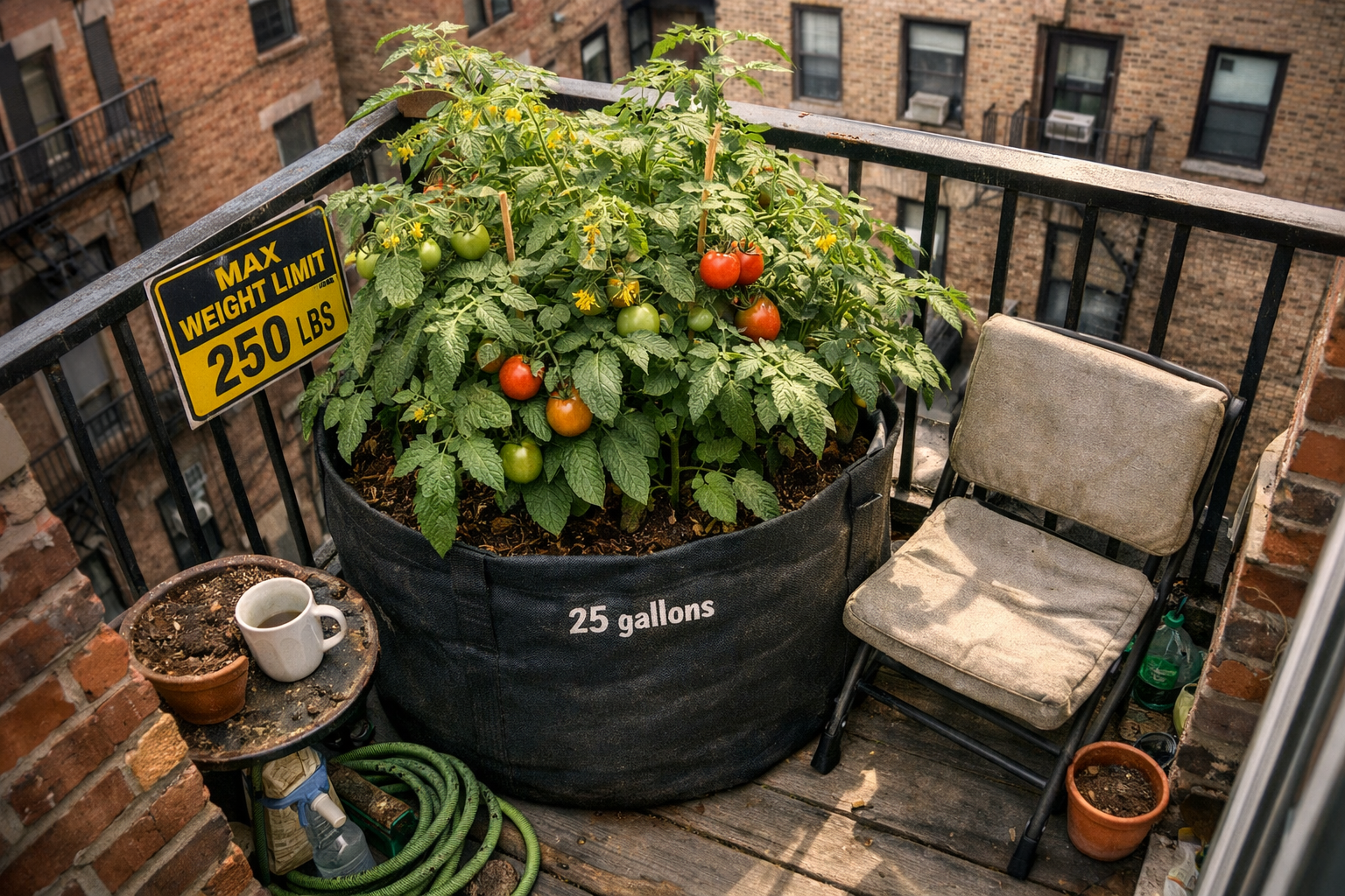 Close-up editorial photograph () of a cramped apartment balcony railing view, showing a single large 25-gallon grow bag with