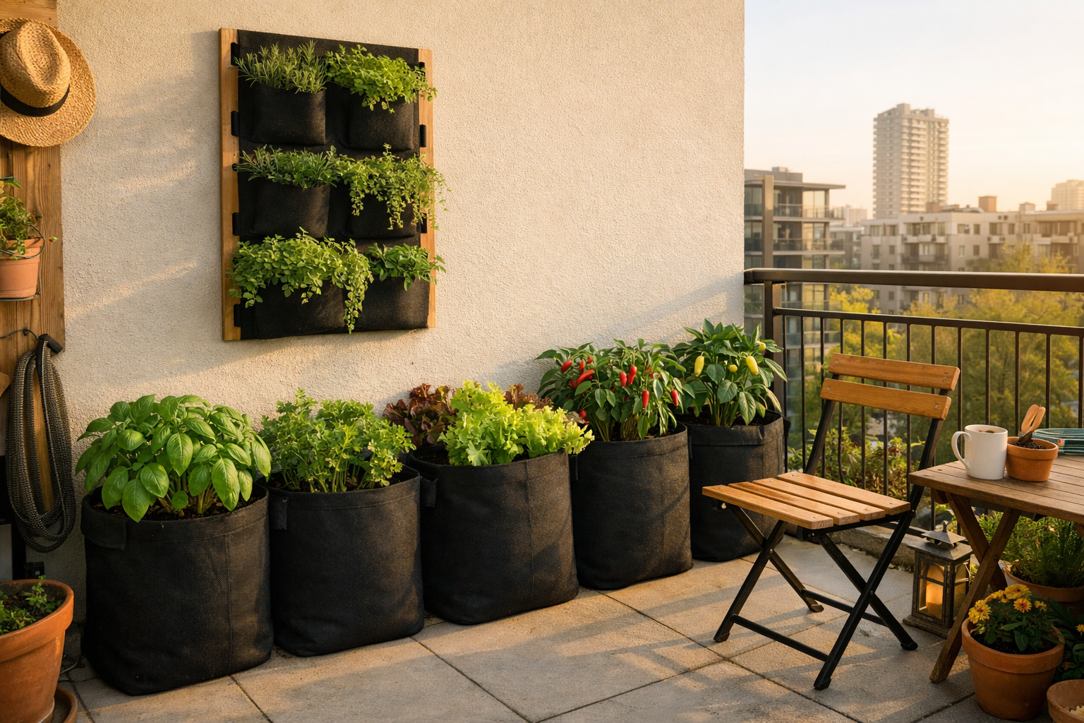Wide-angle editorial photograph () of a well-organized small apartment patio featuring a smart mix of 7-gallon and 10-gallon