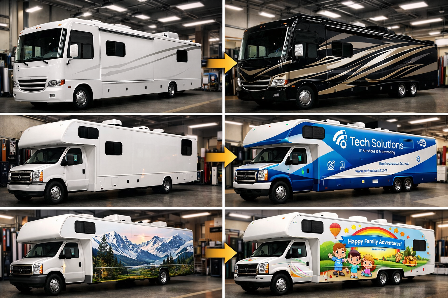 Landscape format (1536x1024) image showing various motorhome vinyl wrap designs and styles - luxury RV with elegant graphics, adventure-them