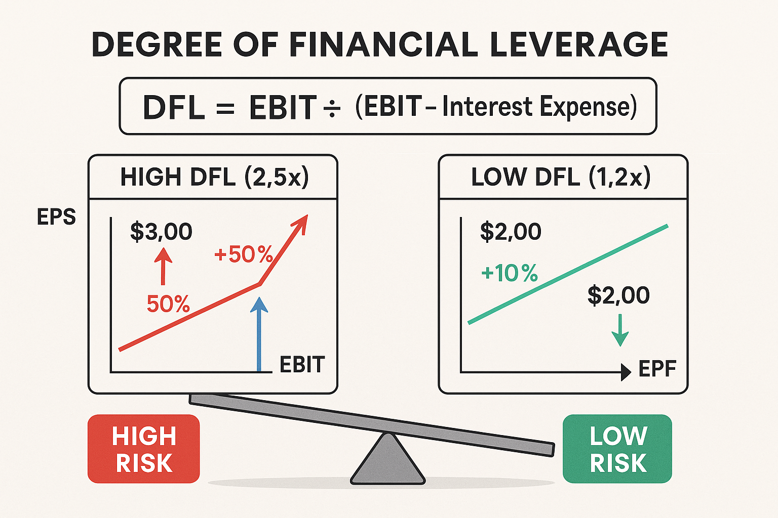 Comprehensive visual diagram in landscape format (1536x1024) illustrating Degree of Financial Leverage (DFL) concept. Top section displays D