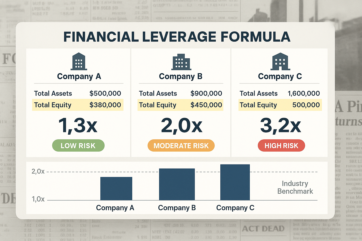 Real-world application landscape image (1536x1024) showing practical Financial Leverage Formula examples. Split-screen design featuring thre