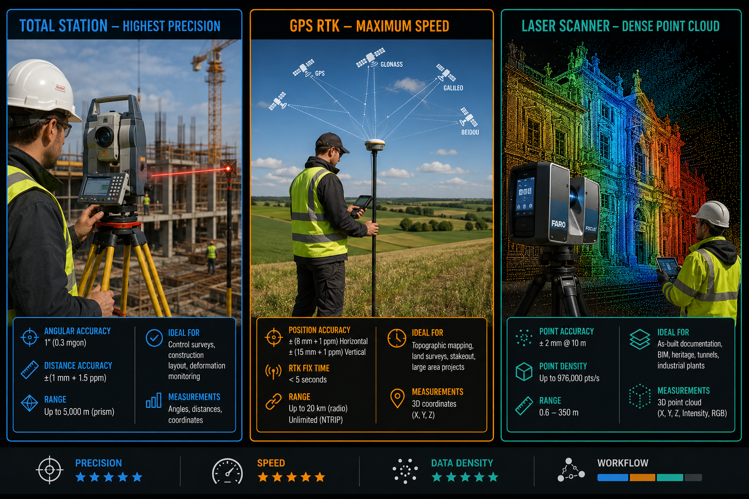 () side-by-side technical comparison visual: three distinct panels each showing one survey instrument in professional use.