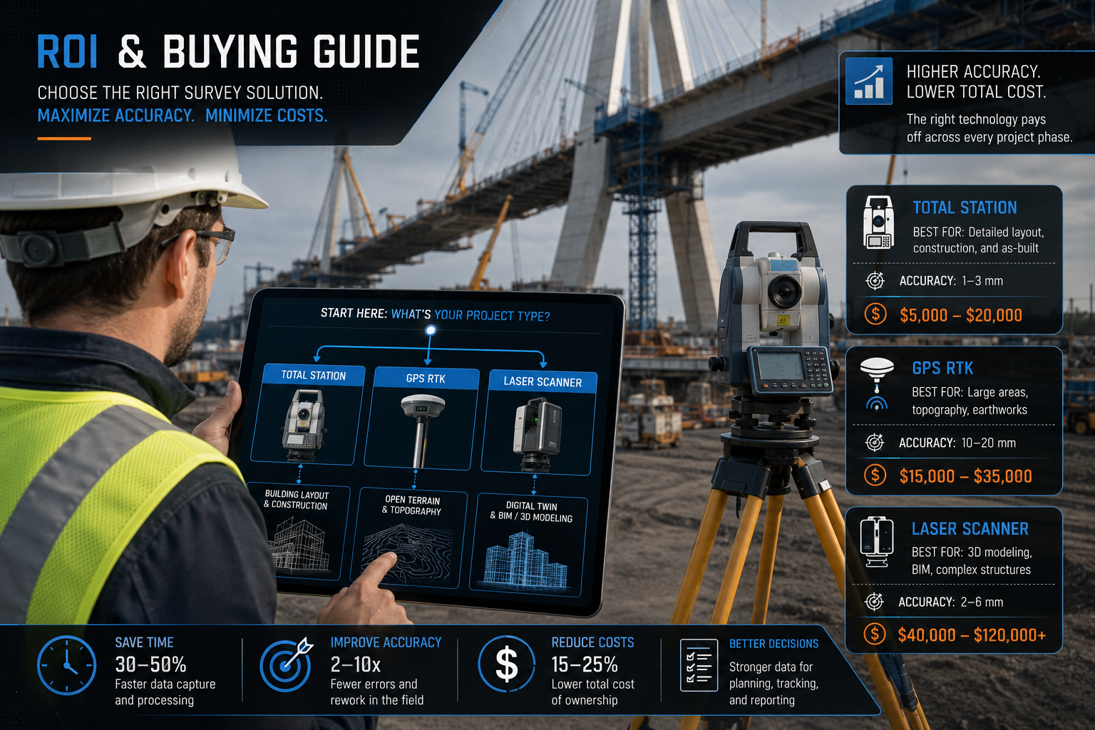 () ROI and buying guide concept image: a professional surveyor in hi-vis vest reviewing a tablet showing a decision