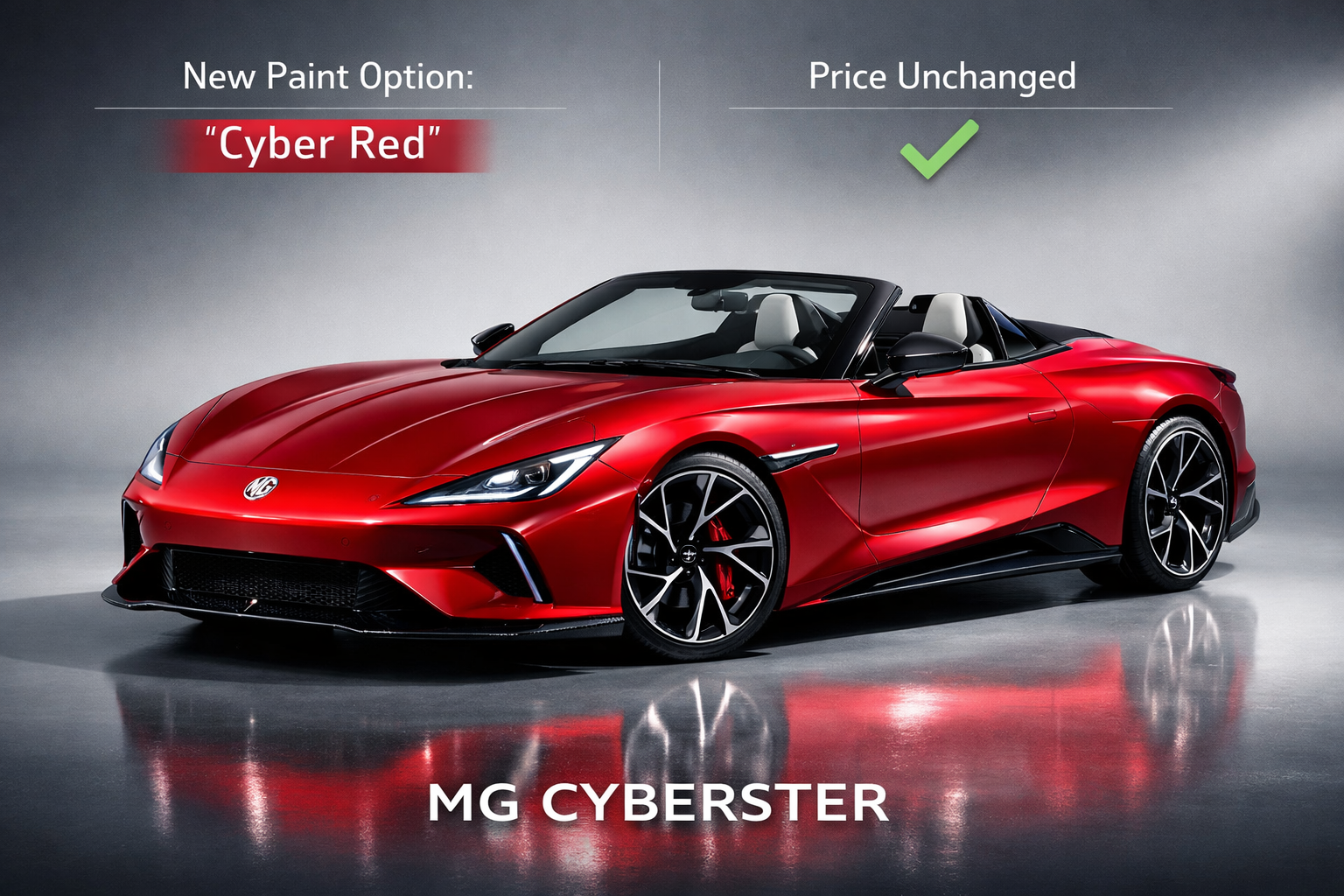 A vibrant, editorial-quality landscape image (1536x1024) showcasing the MG Cyberster in its newly introduced 'Cyber Red' paint option, parke
