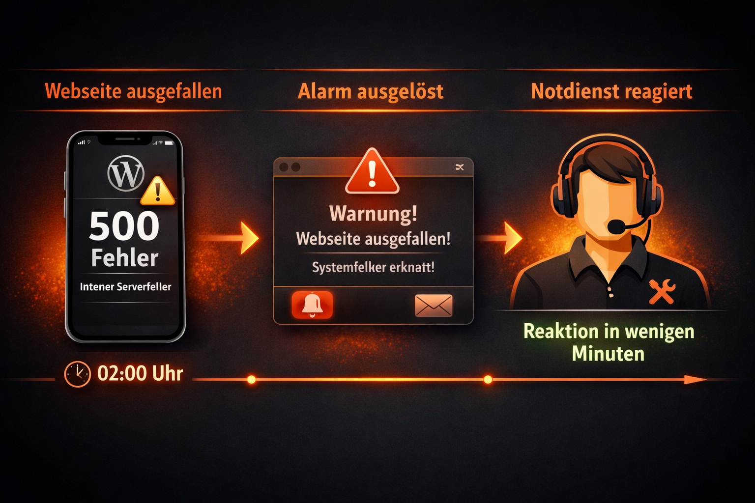 () infographic-style illustration showing a timeline of a WordPress website crash at 2am: a smartphone displaying a '500