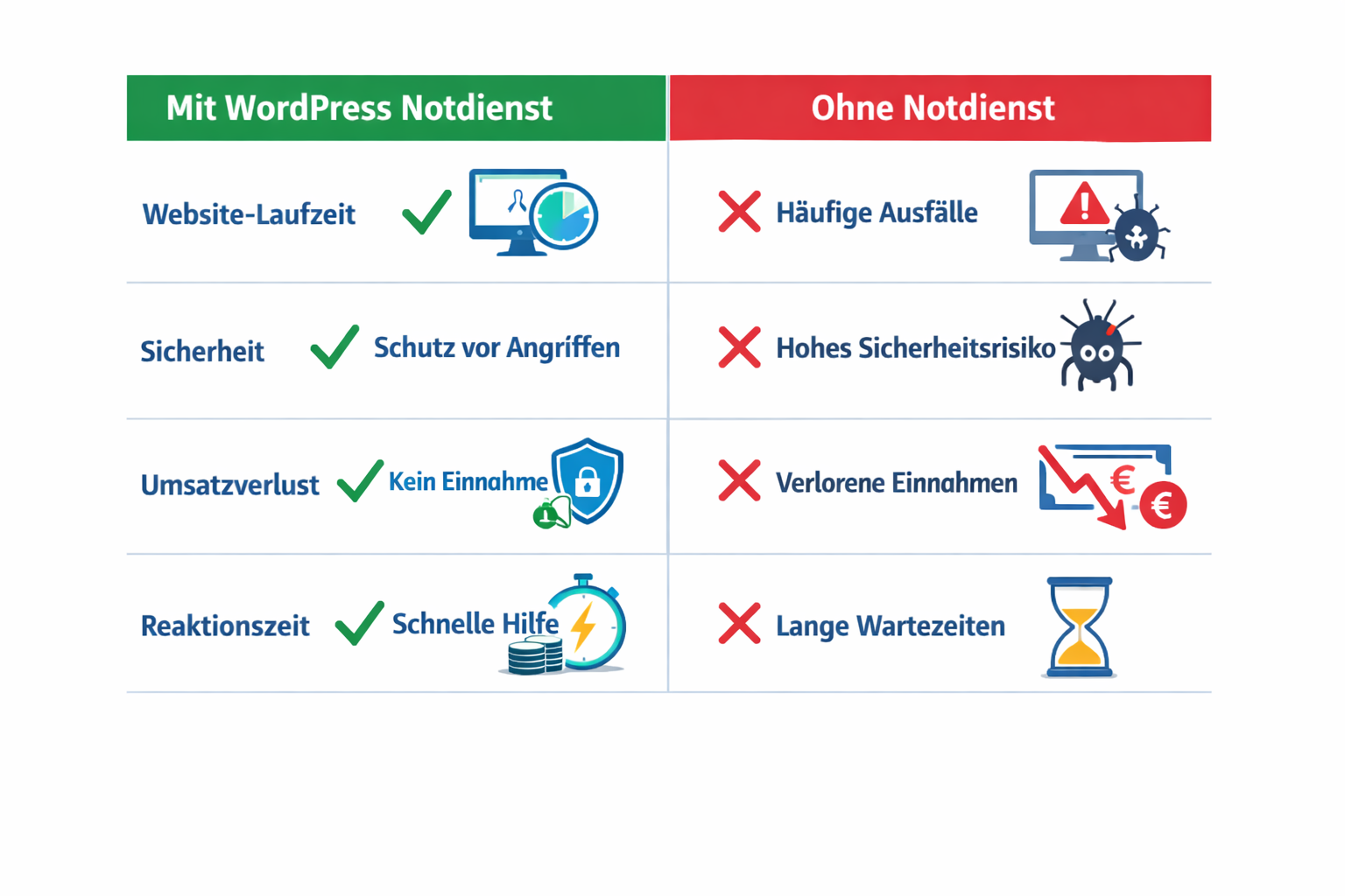 () comparison table visualization showing two columns: 'Mit WordPress Notdienst' vs 'Ohne Notdienst' with German labels,