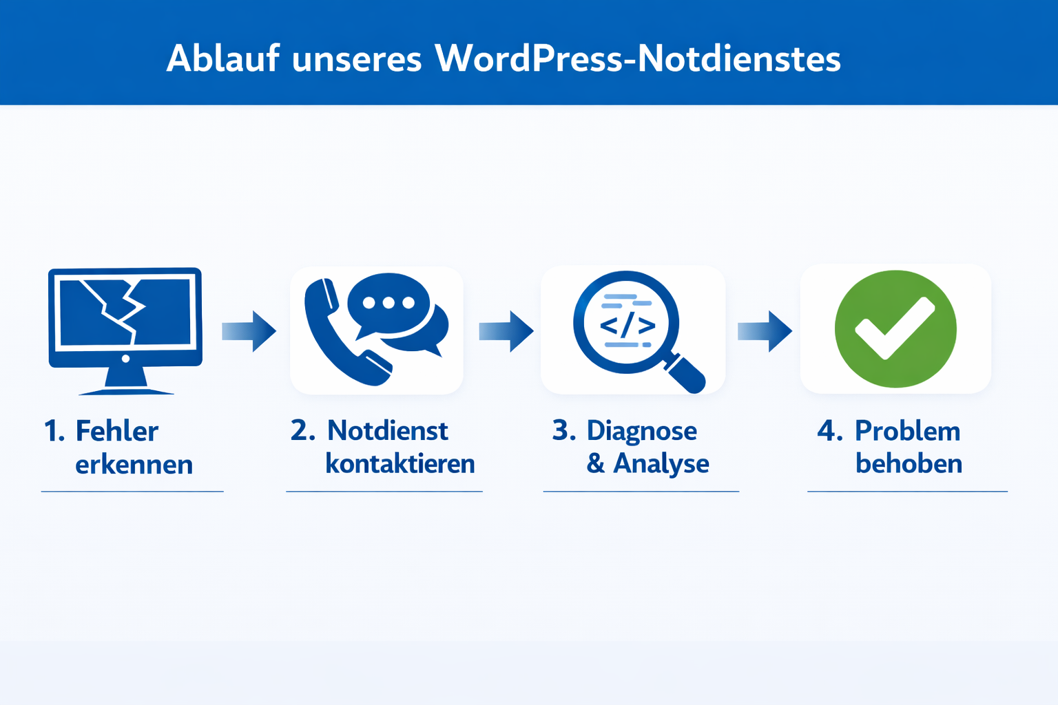() step-by-step process diagram showing 4 numbered steps of engaging a WordPress emergency service: Step 1 'Fehler erkennen'