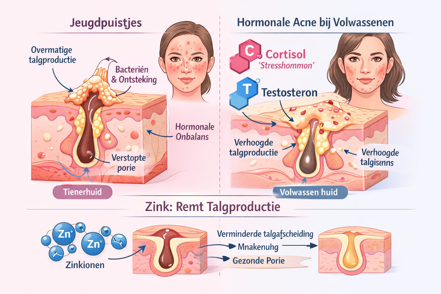 Afbeeldingen met Nederlandse tekst Landscape format (1536x1024) scientific visualization depicting hormonal acne mechanism in adult skin, co