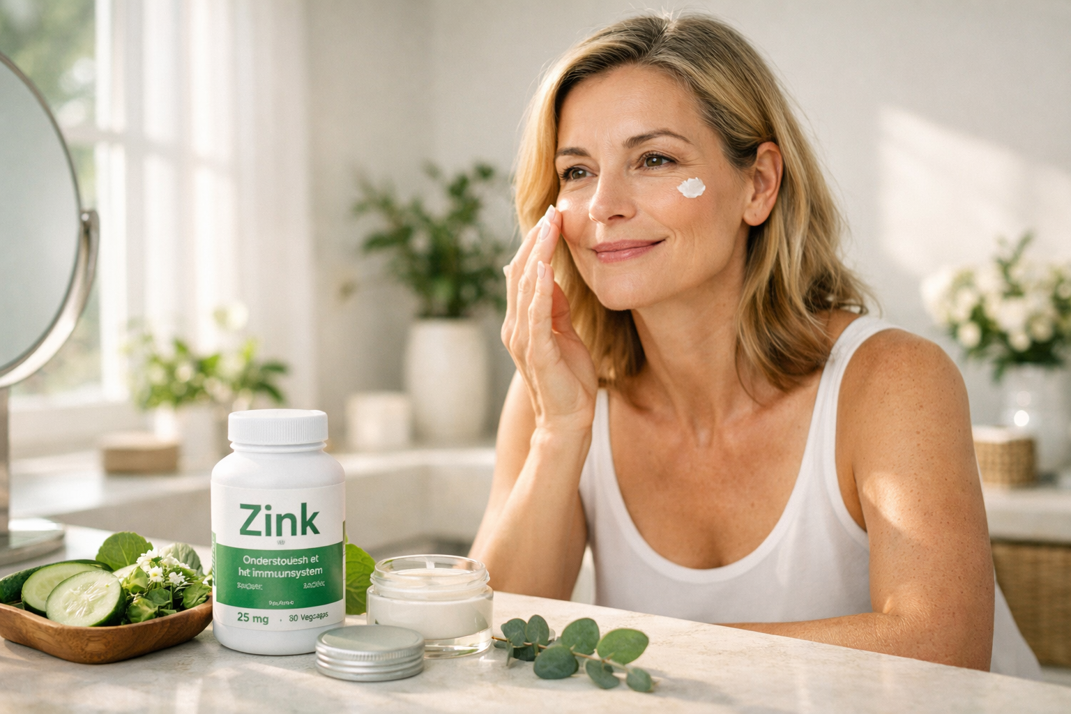 Afbeeldingen met Nederlandse tekst Landscape format (1536x1024) lifestyle image showing confident adult woman with clear skin applying skinc