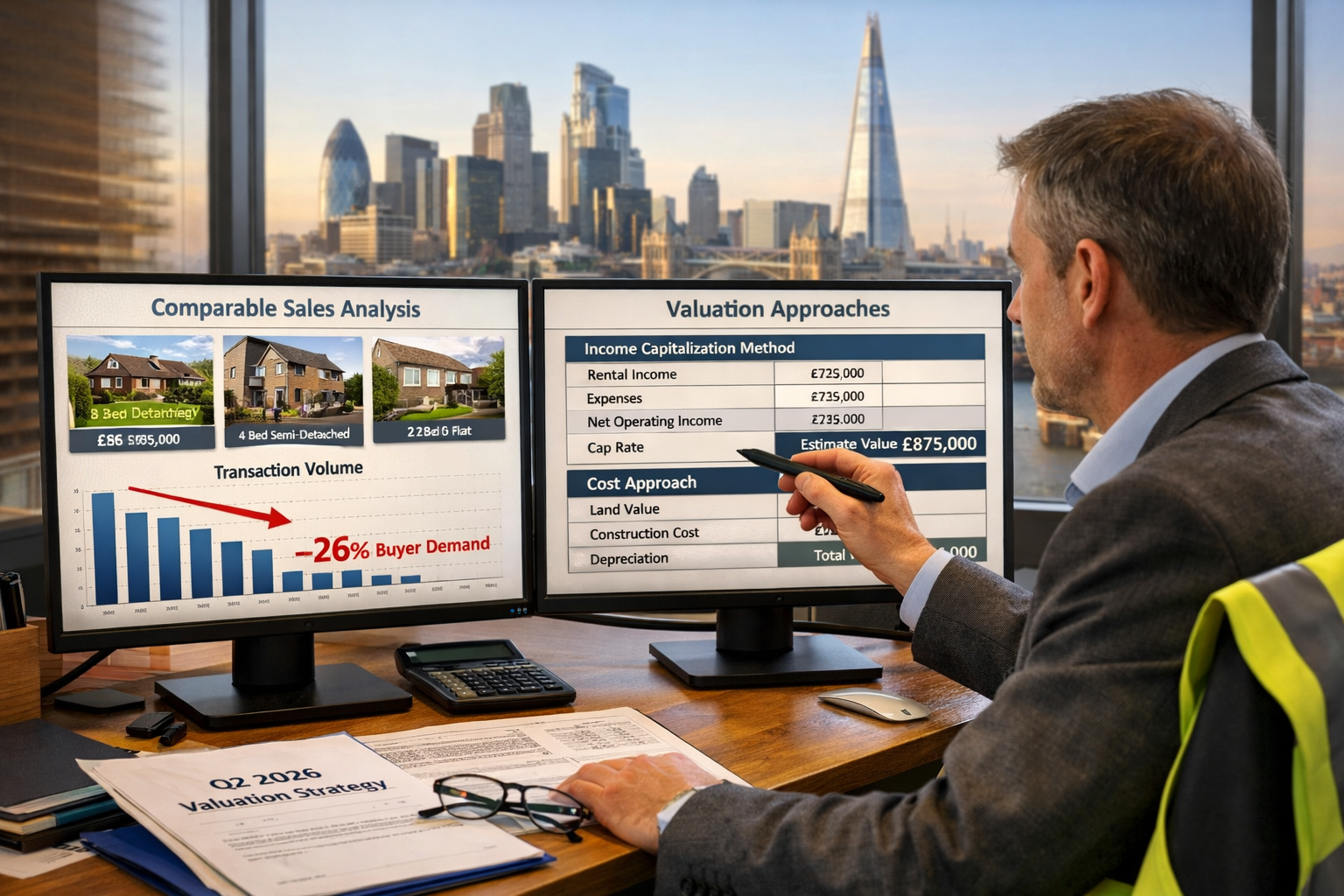 Detailed () image depicting professional property surveyor in modern office examining dual computer monitors displaying