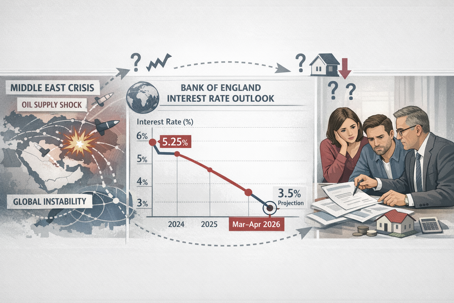 Detailed () image showing split composition of geopolitical uncertainty impact on property markets. Left third displays