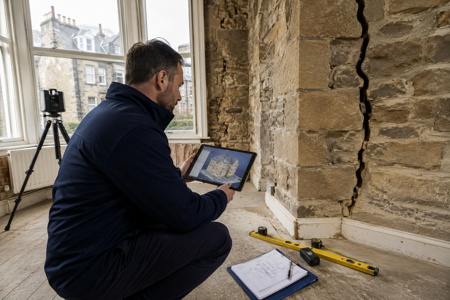 Wide-angle () showing a RICS chartered surveyor examining a party wall crack in a traditional Scottish sandstone