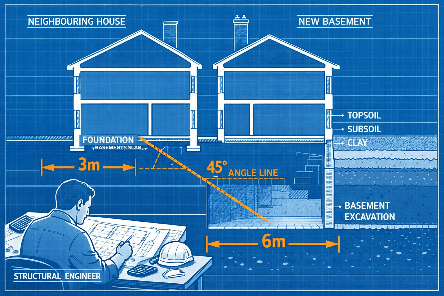 Detailed () technical diagram illustration showing cross-section of two adjoining terraced houses with 3-metre and 6-metre