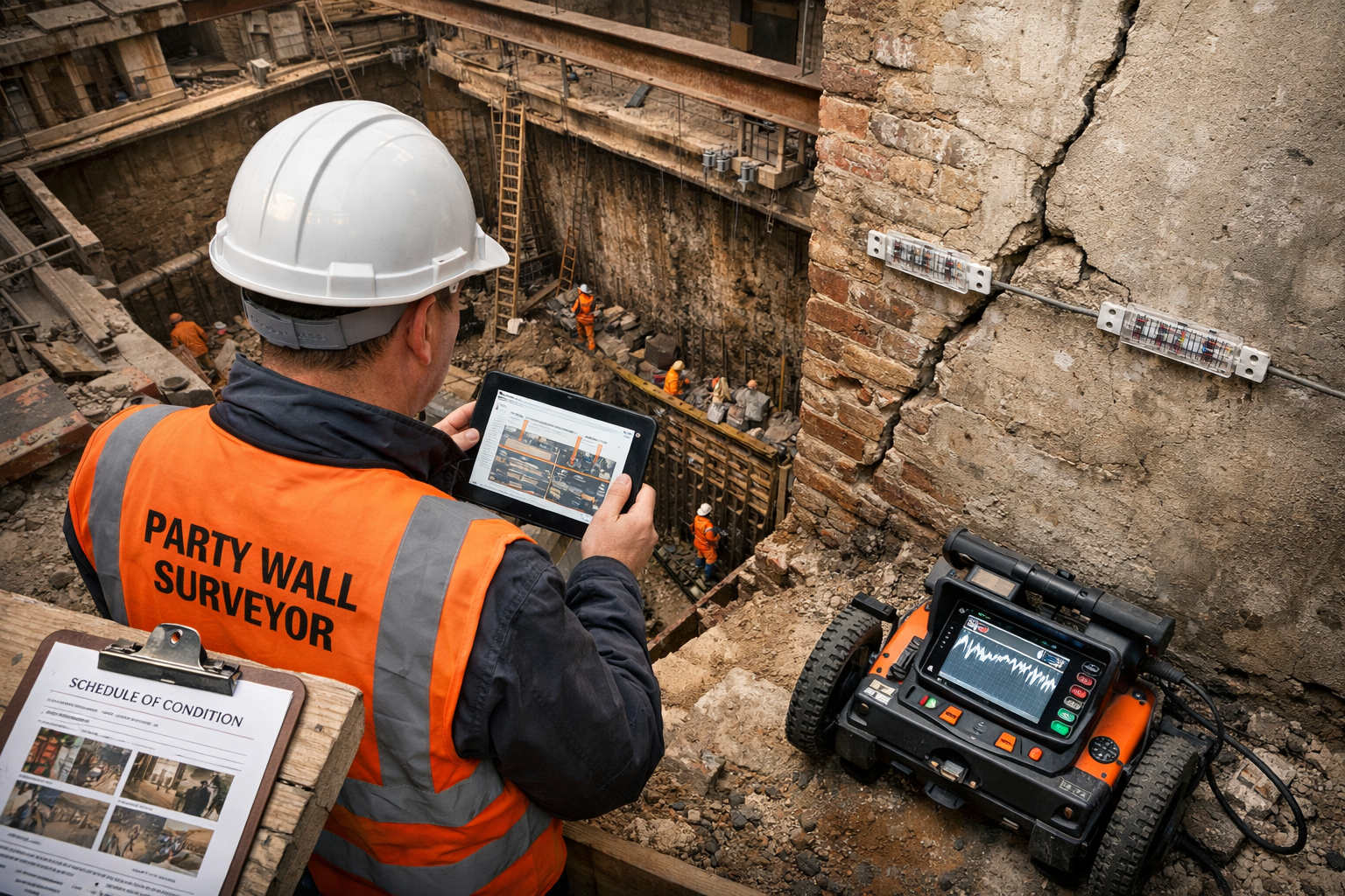 () showing a professional party wall surveyor in hard hat and hi-vis vest conducting structural risk assessment at a deep