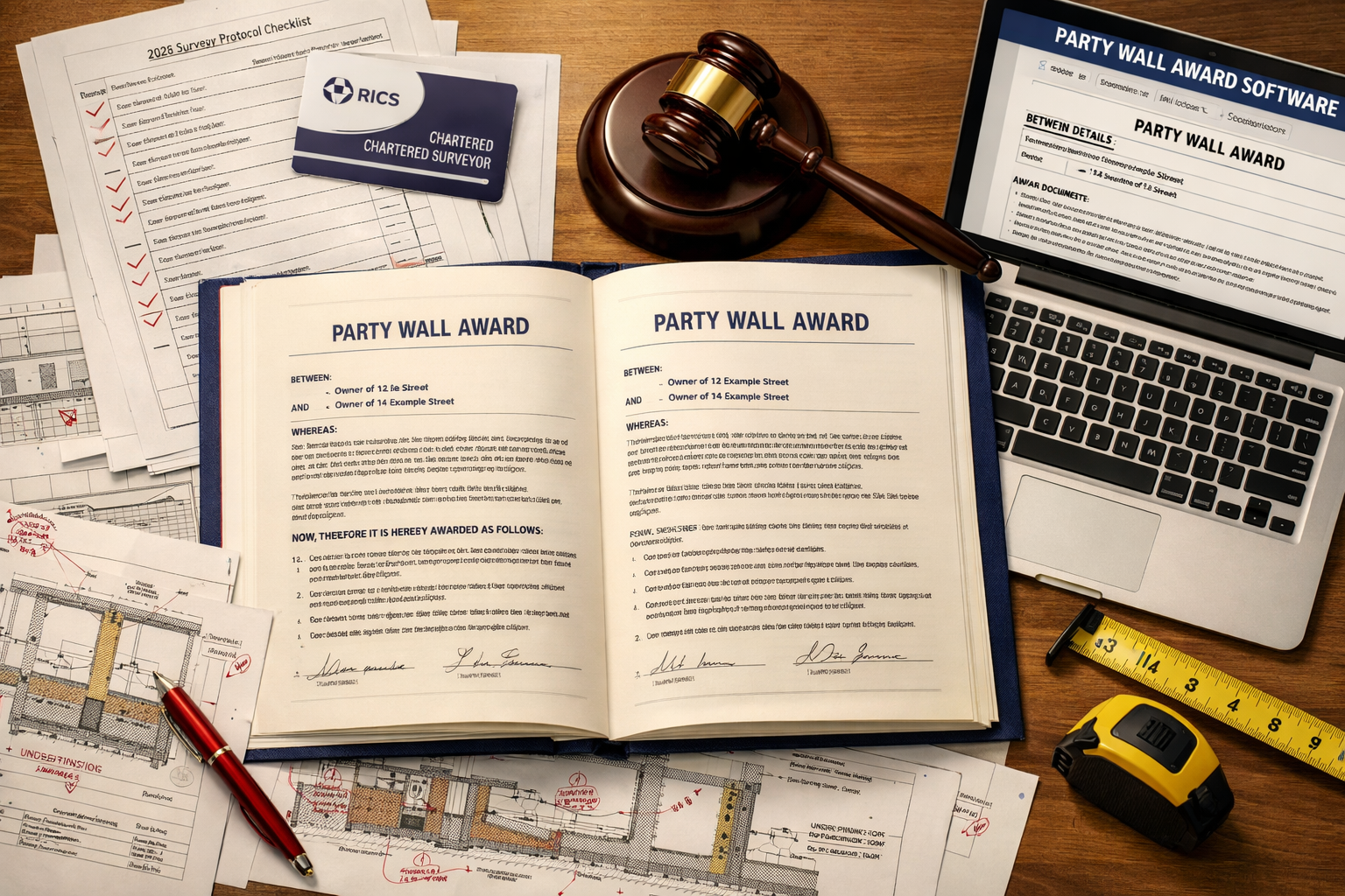 () flat-lay overhead composition of a party wall award legal document spread open on architect's desk surrounded by 2026