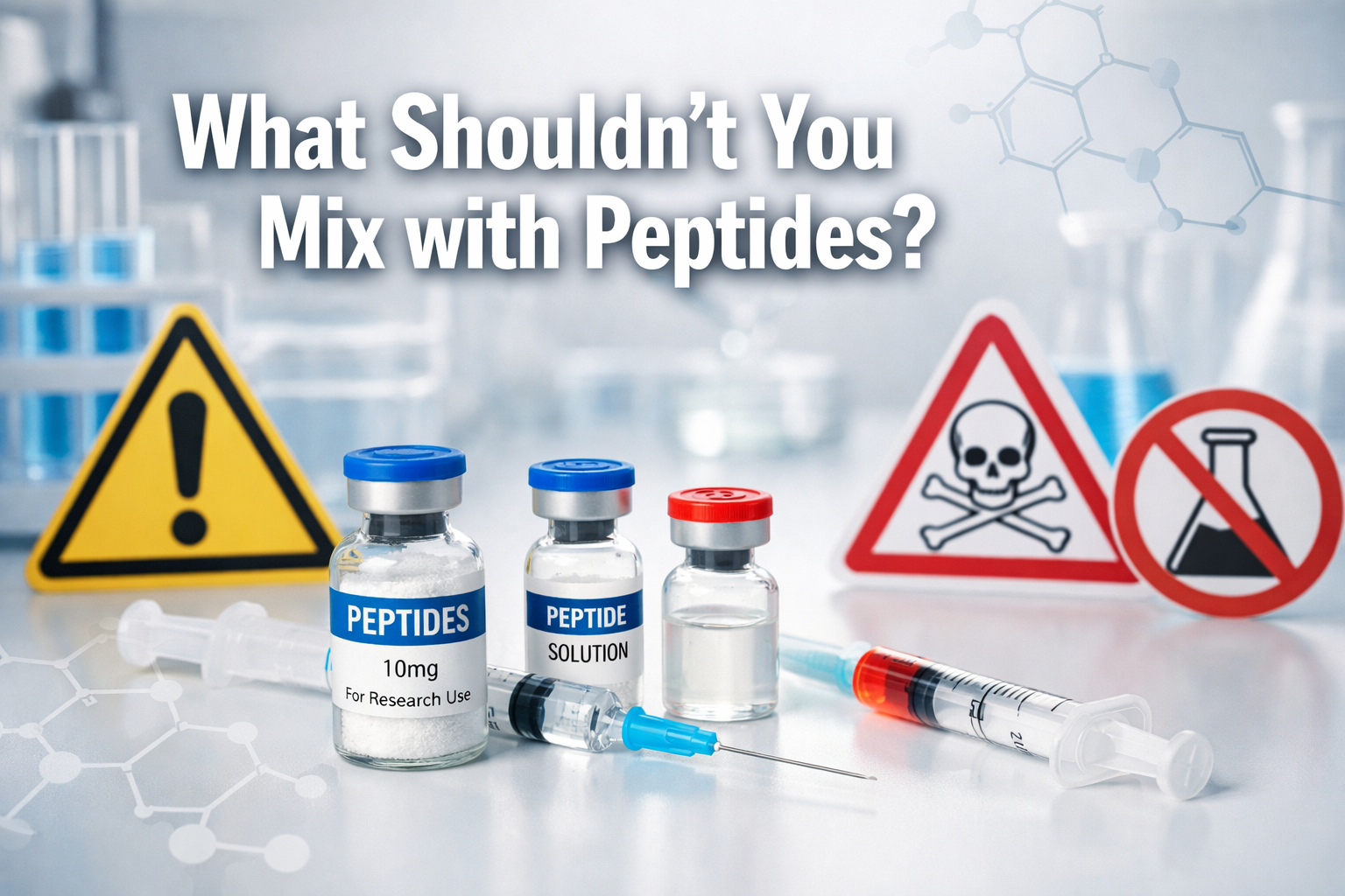Professional landscape hero image (1536x1024) featuring bold text overlay 'What Shouldn't You Mix with Peptides?' in extra large 72pt white 