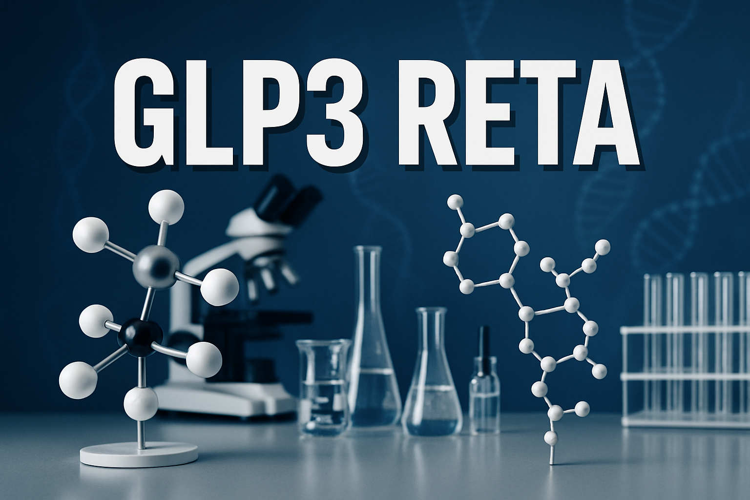 Professional landscape hero image (1536x1024) featuring bold text overlay 'GLP3 RETA' in extra large 72pt white sans-serif font with dark sh